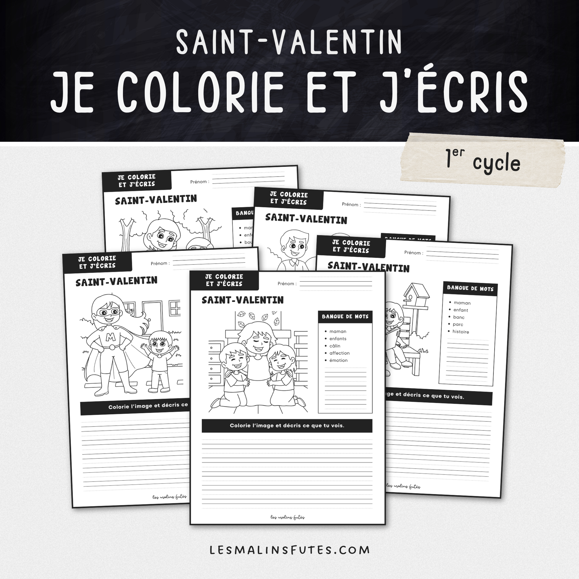Illustration de fiches pédagogiques sur le thème de la St-Valentin pour le 1er cycle du primaire avec éléments graphiques.