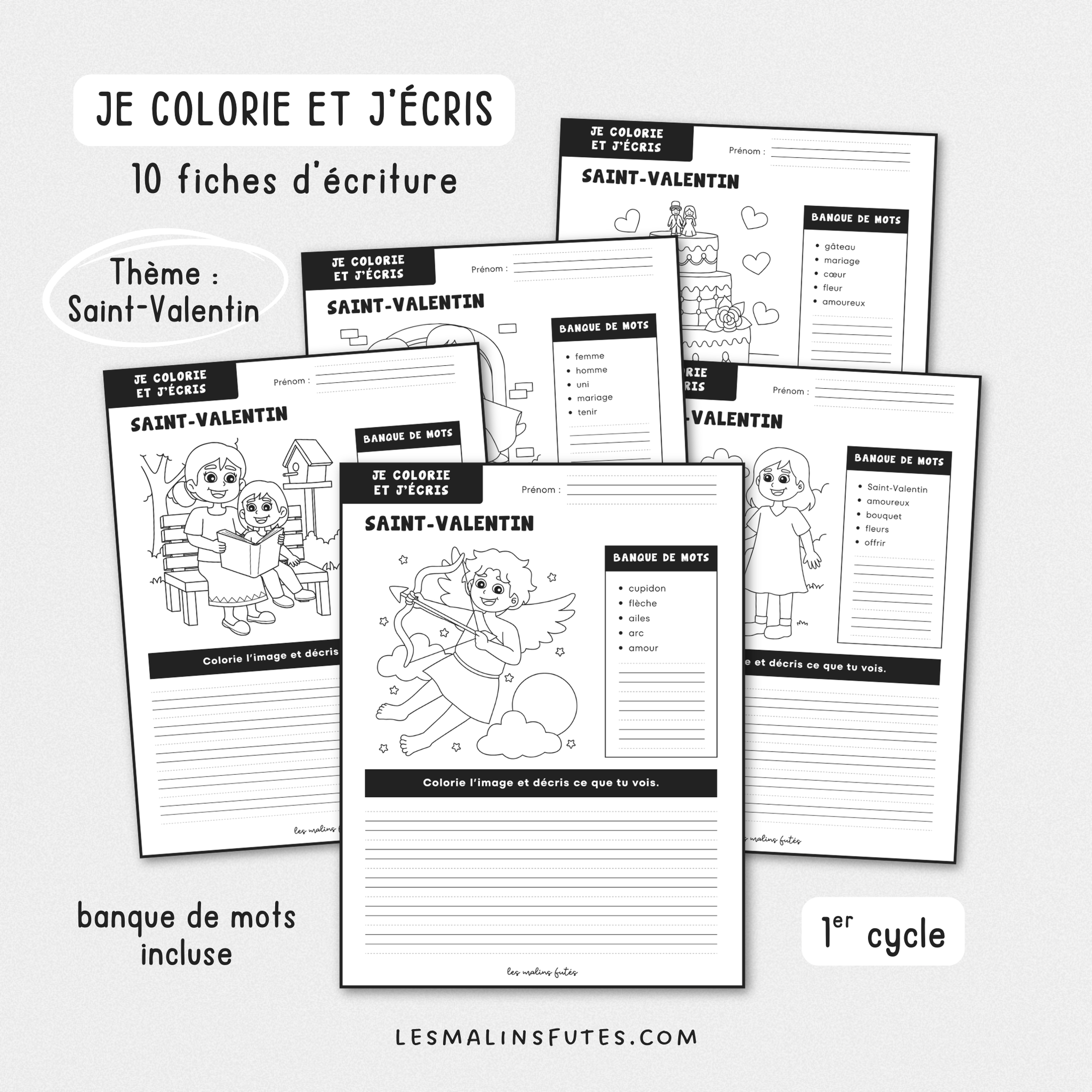 Illustration de fiches pédagogiques sur le thème de la St-Valentin pour le 1er cycle du primaire avec éléments graphiques.
