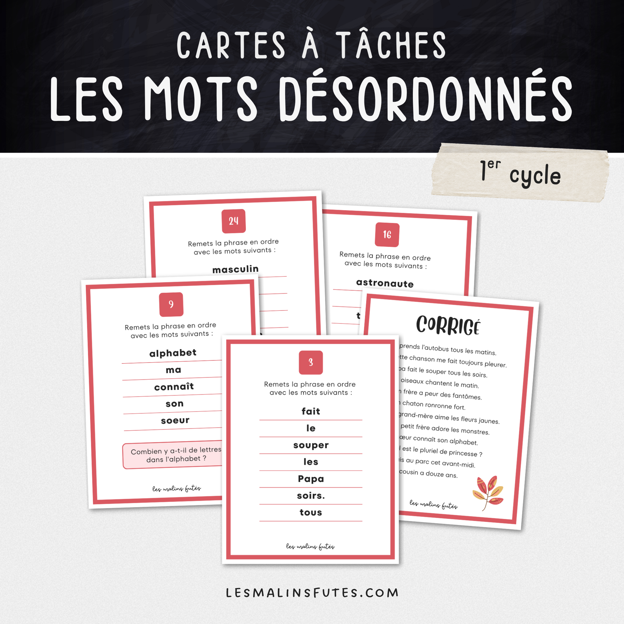 36 cartes de mots mélangés pour apprendre à reconstituer une phrase. Les Malins Futés