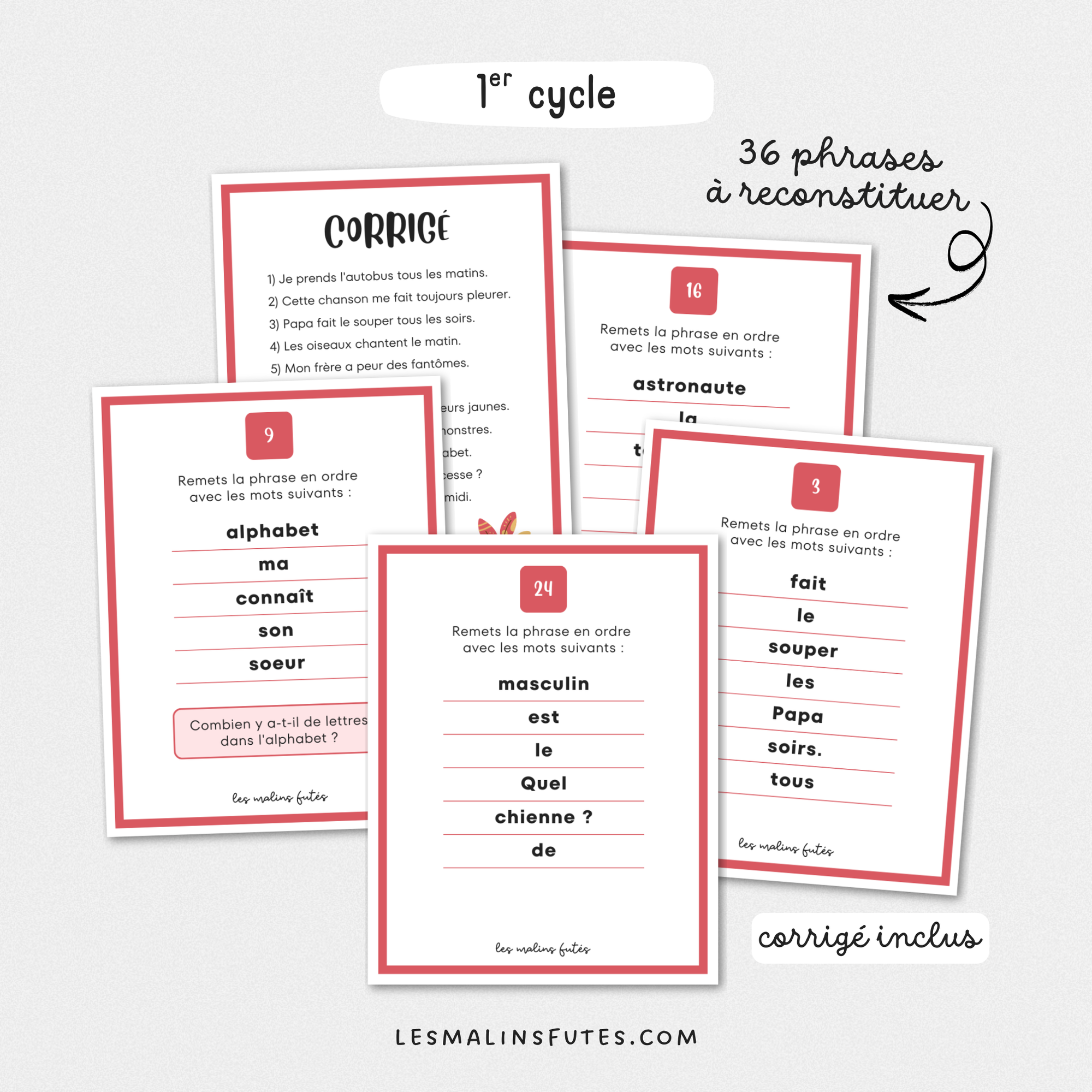 36 cartes de mots mélangés pour apprendre à reconstituer une phrase. Les Malins Futés
