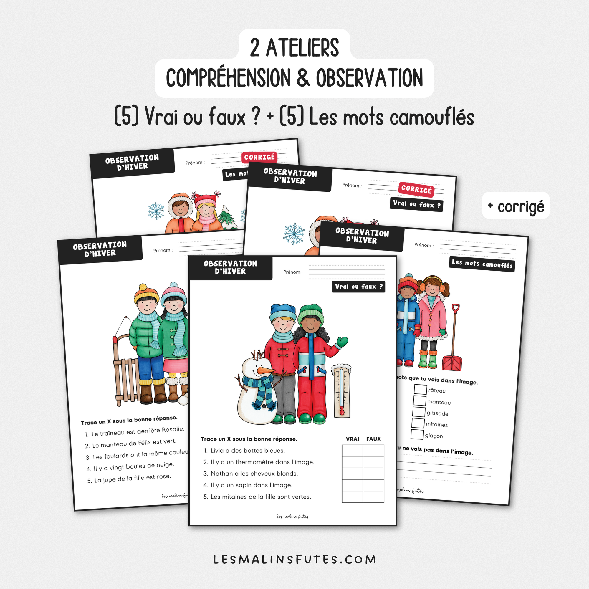 2 ateliers pour la compréhension de texte sur le thème de l'hiver au 1er cycle. Les Malins Futés