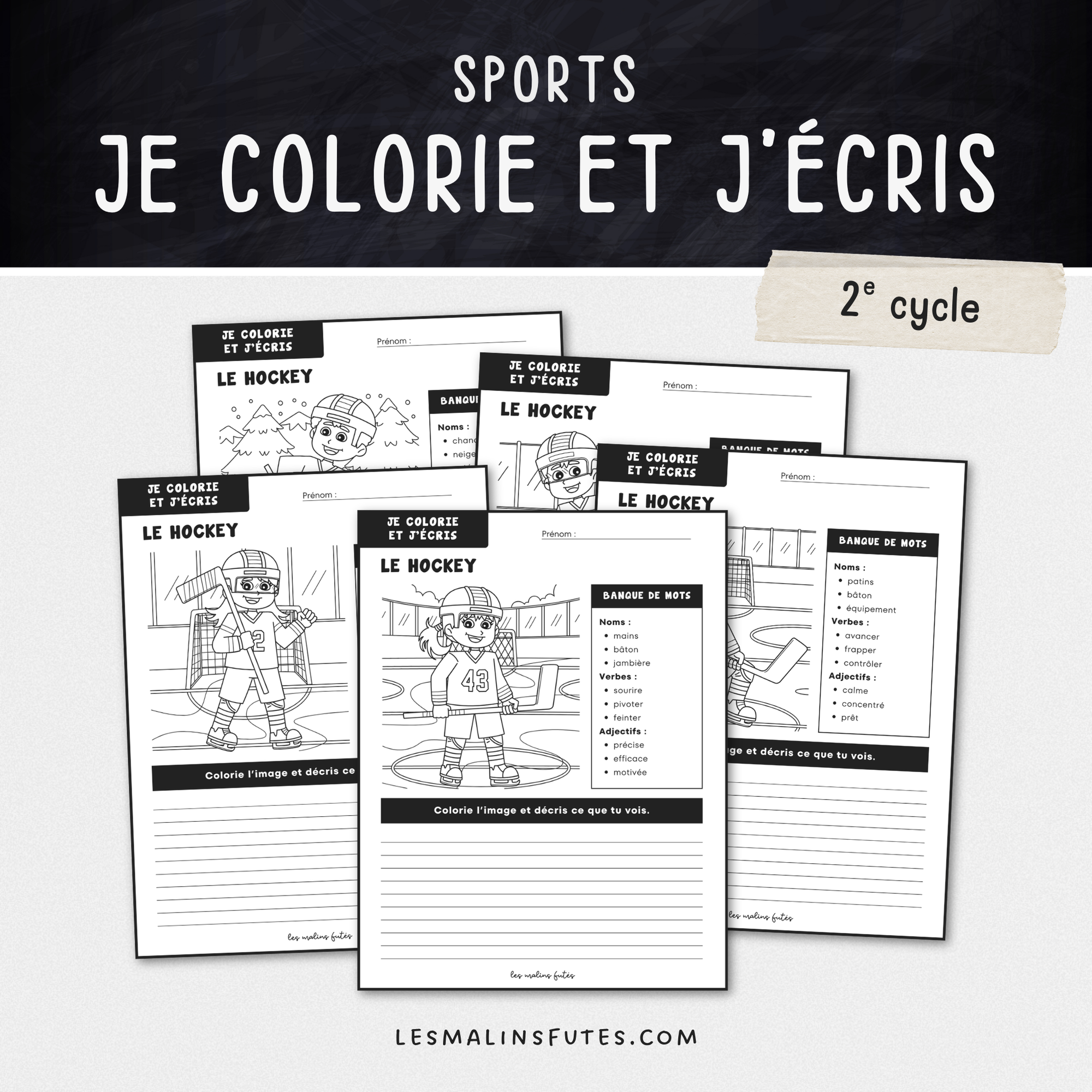 Illustration de fiches éducatives sur le thème du hockey pour le 2e cycle du primaire avec éléments graphiques.