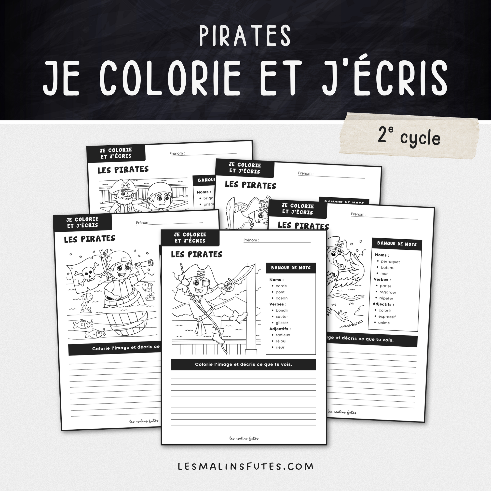 Illustration de fiches éducatives sur le thème des pirates pour le 2e cycle du primaire avec éléments graphiques.