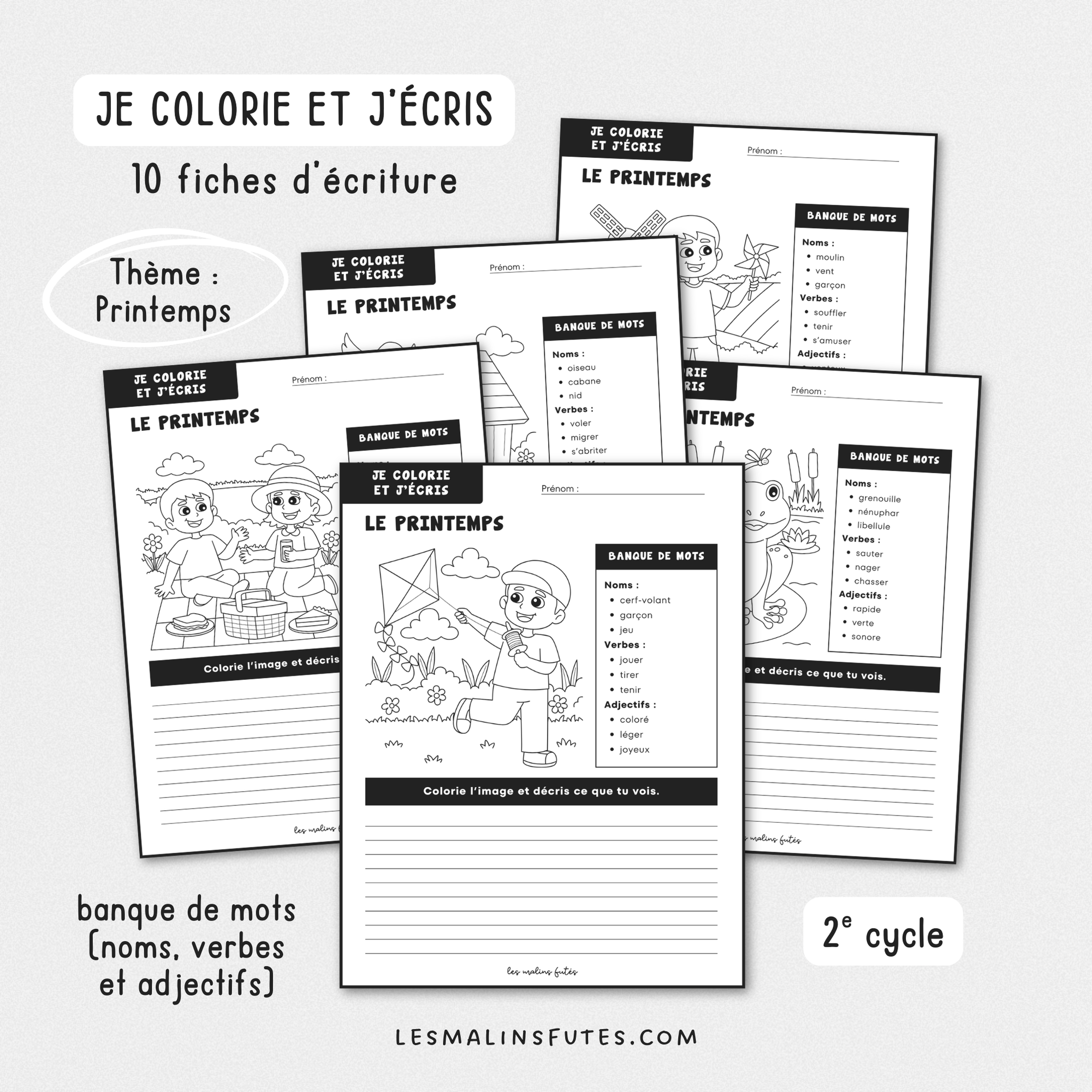 Illustration de fiches éducatives sur le thème du printemps pour le 2e cycle du primaire avec éléments graphiques.