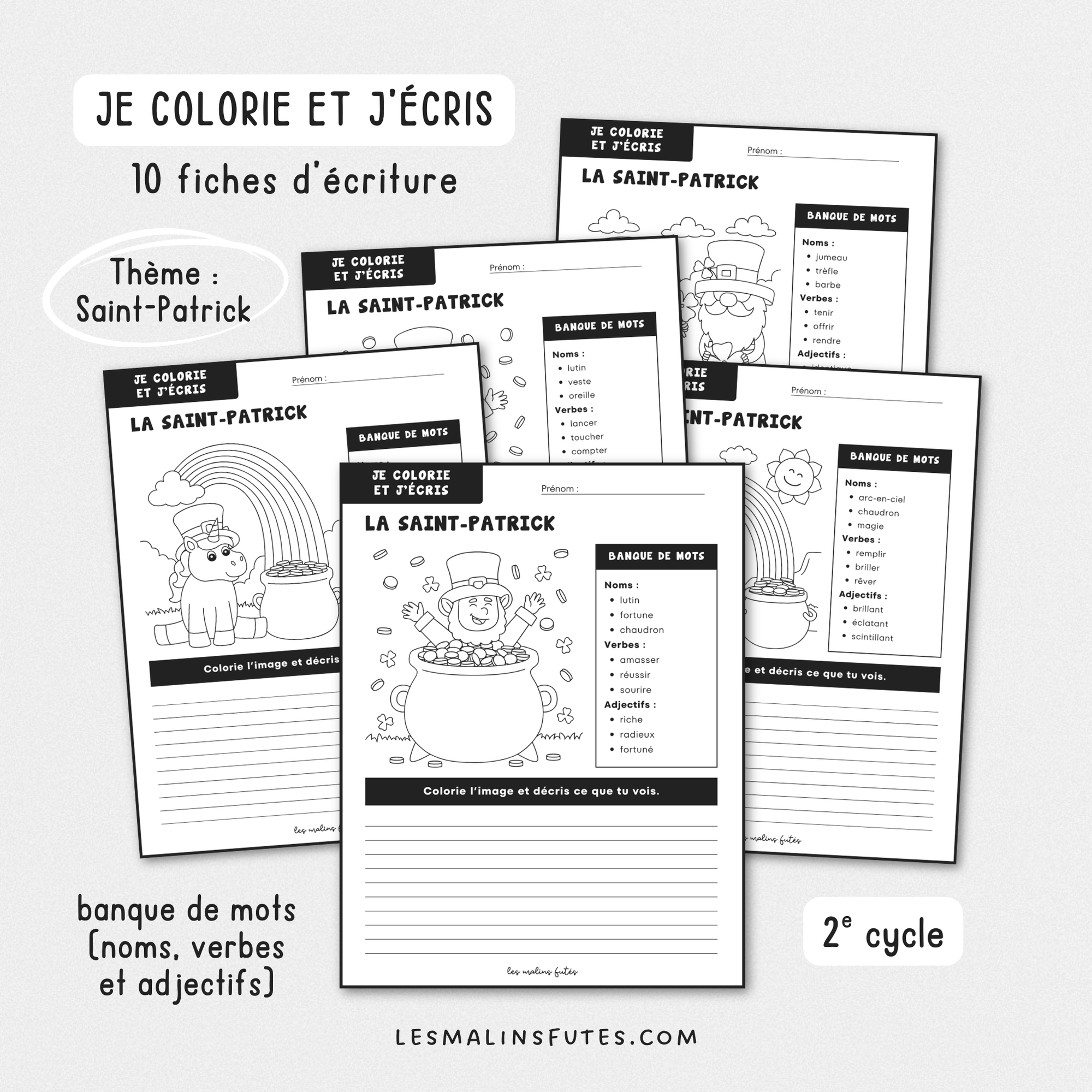 Illustration de fiches éducatives sur le thème de la Saint-Patrick pour le 2e cycle du primaire avec éléments graphiques.