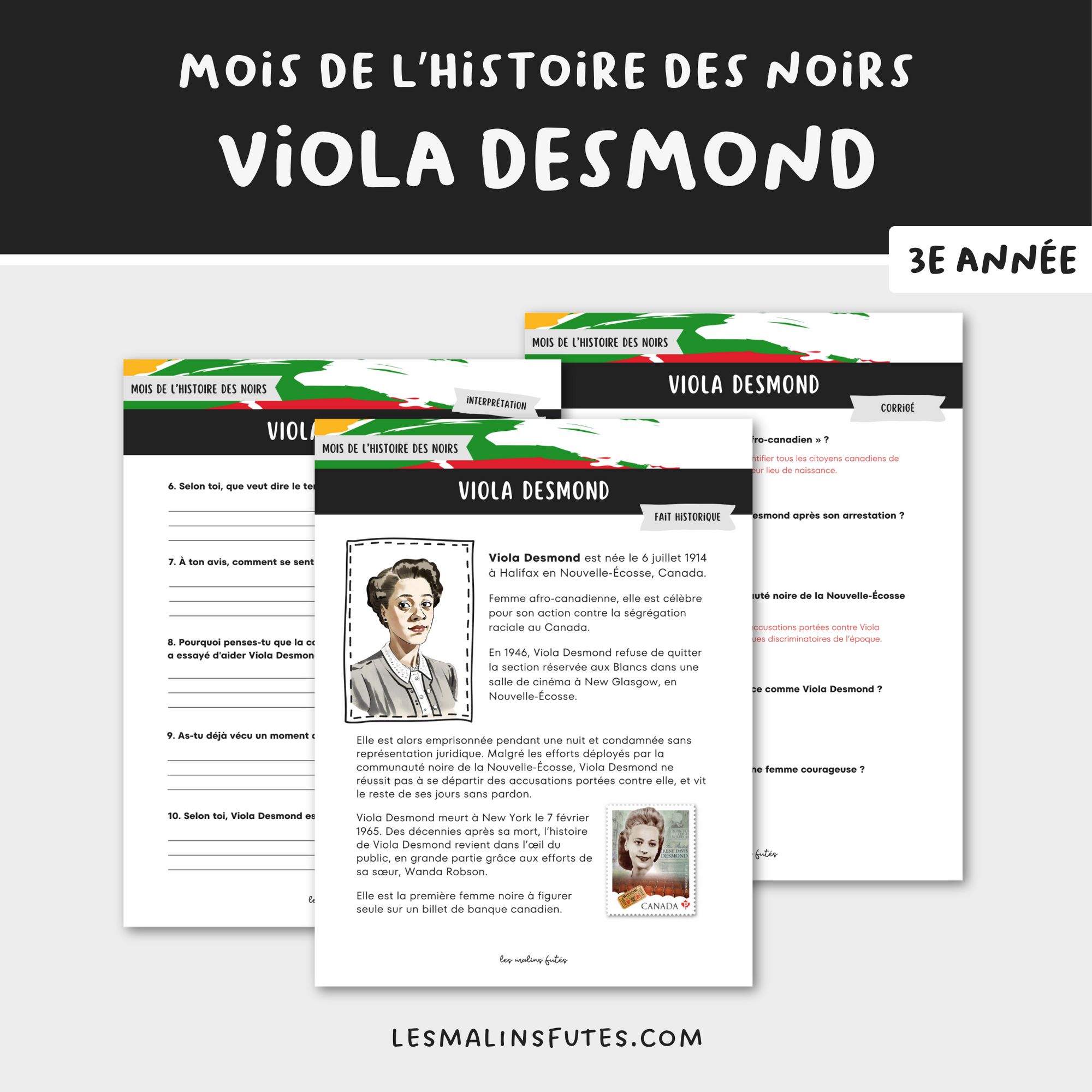 Atelier de lecture sur Viola Desmond pour la 3e année. Les Malins Futés