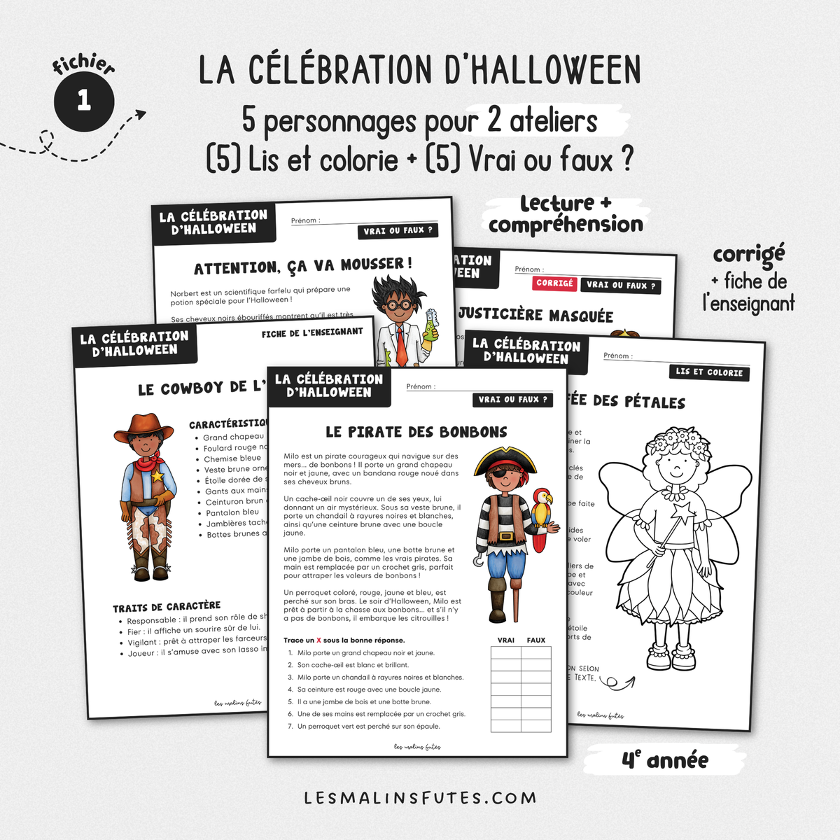 Illustrations de l'ensemble pédagogique Description d'un personnage d'Halloween pour la 4e année. Les Malins Futés