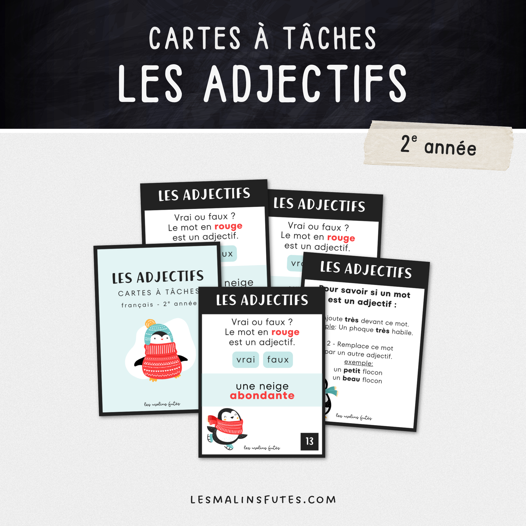 Cartes à tâches pour travailler les adjectifs en 2e année. Les Malins Futés