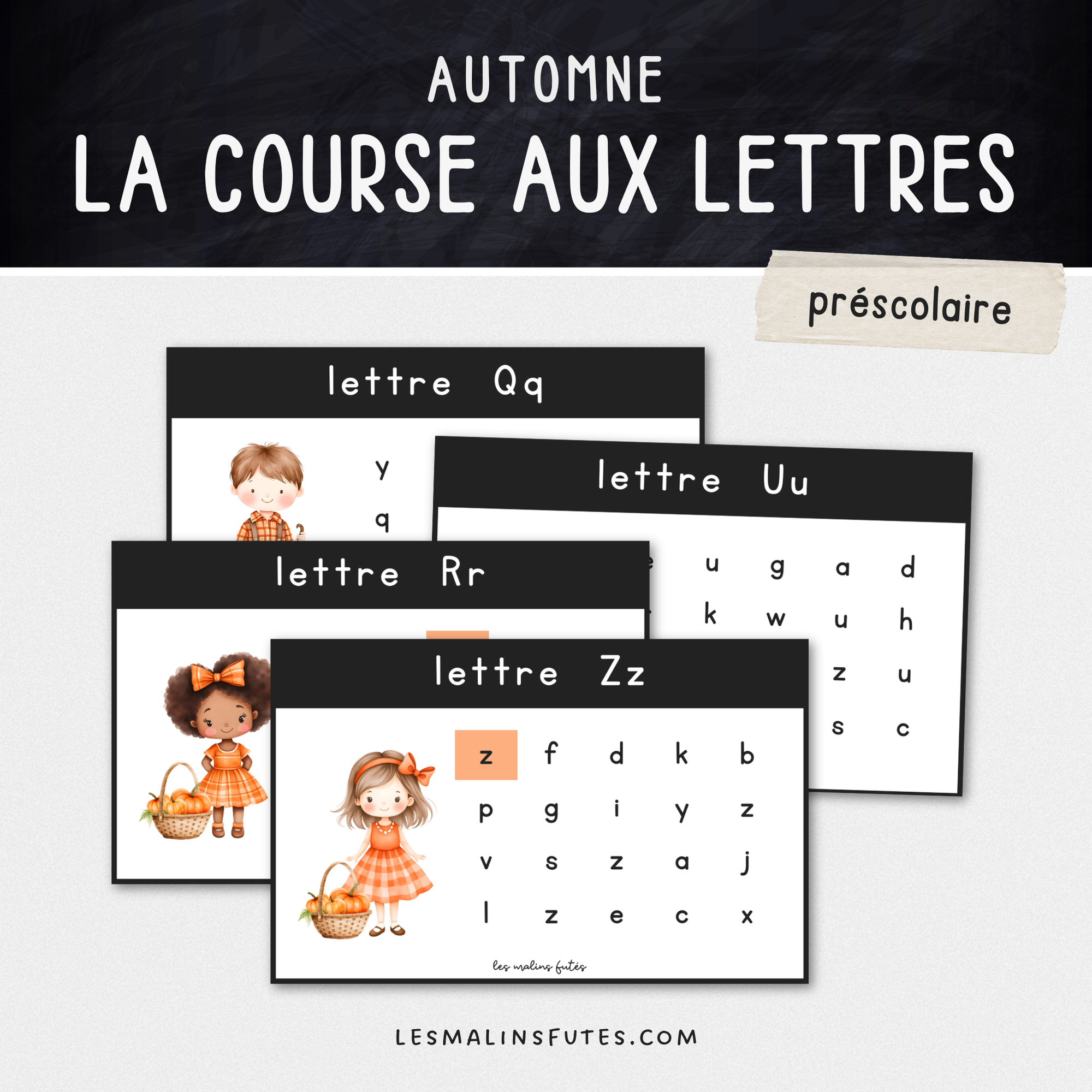 Illustration de cartes sur la reconnaissance des lettres sur le thème de l'automne pour le préscolaire avec éléments graphiques.