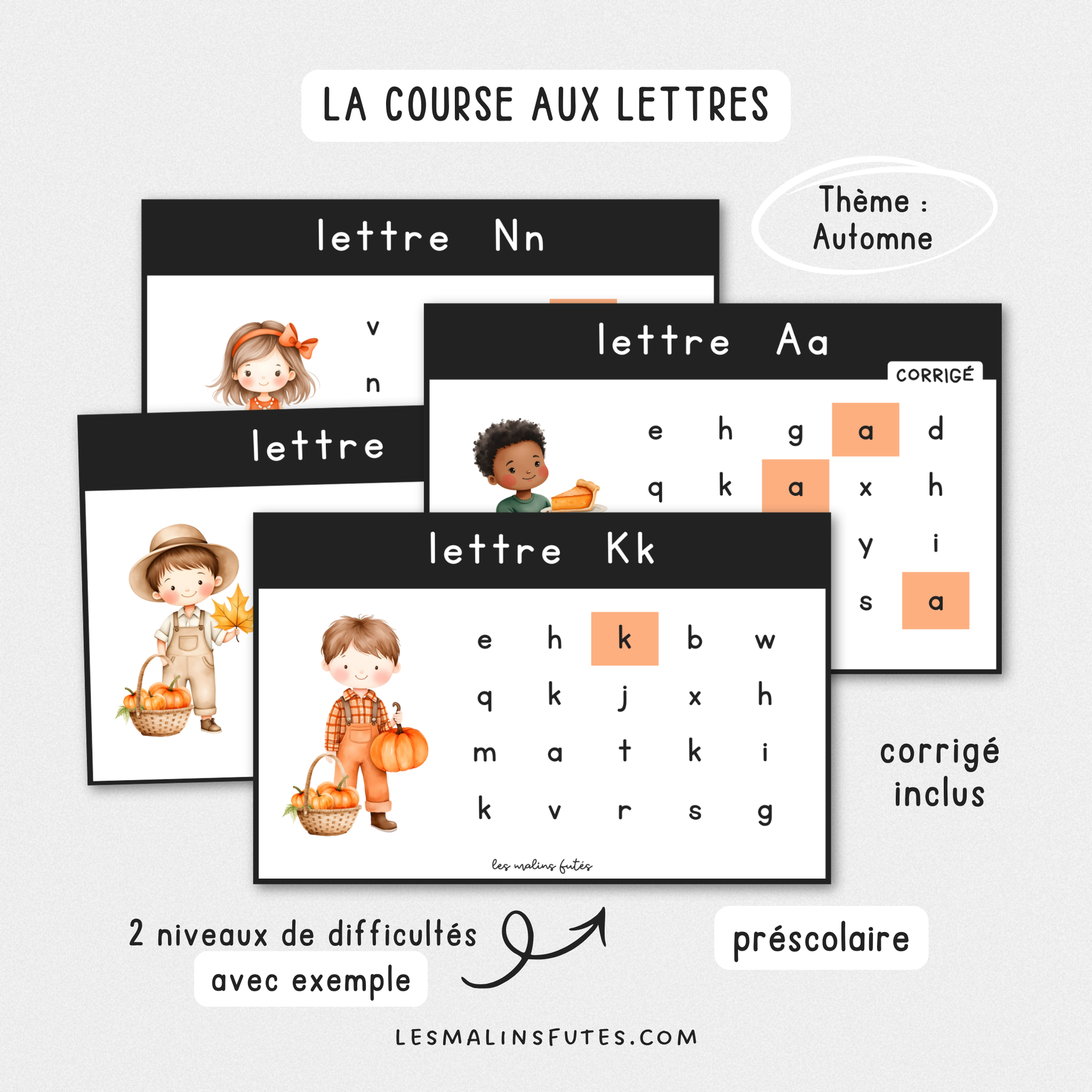 Illustration de cartes sur la reconnaissance des lettres sur le thème de l'automne pour le préscolaire avec éléments graphiques.
