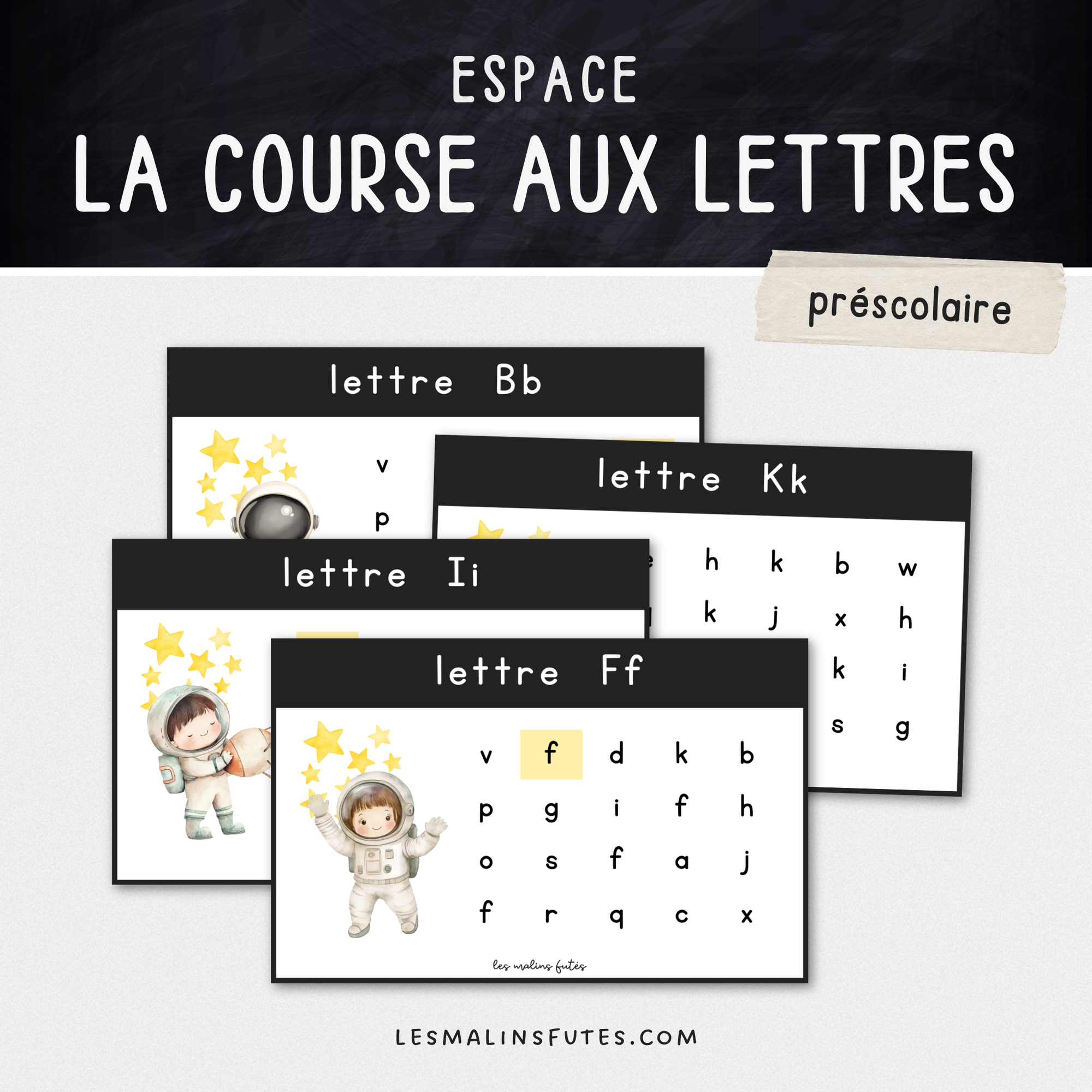 Illustration de cartes sur la reconnaissance des lettres sur le thème de l'espace pour le préscolaire avec éléments graphiques.