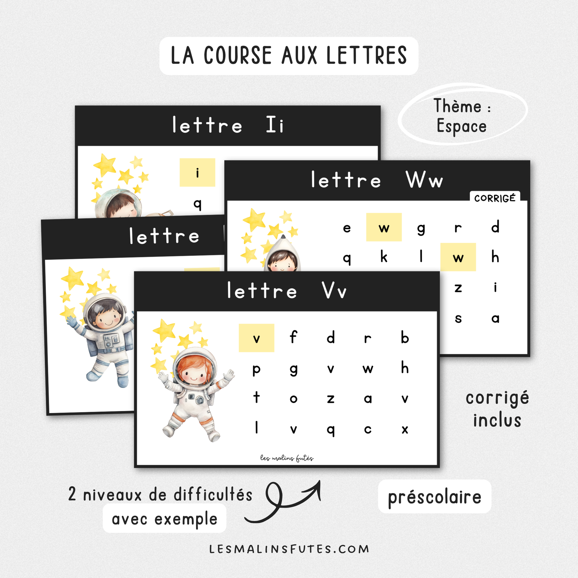 Illustration de cartes sur la reconnaissance des lettres sur le thème de l'espace pour le préscolaire avec éléments graphiques.