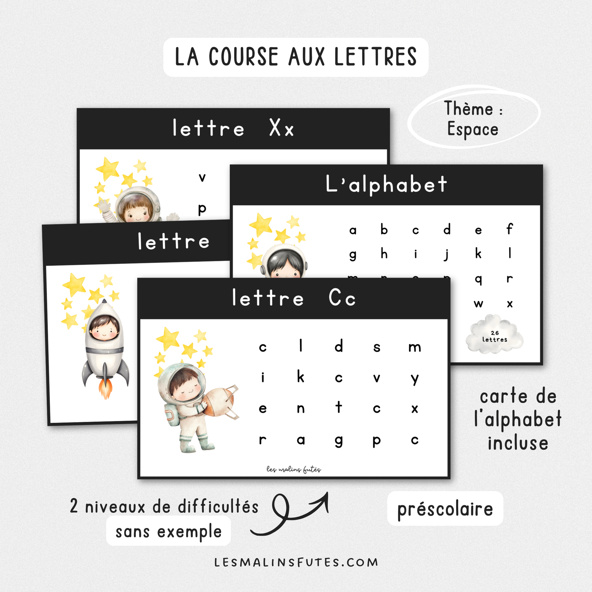 Illustration de cartes sur la reconnaissance des lettres sur le thème de l'espace pour le préscolaire avec éléments graphiques.