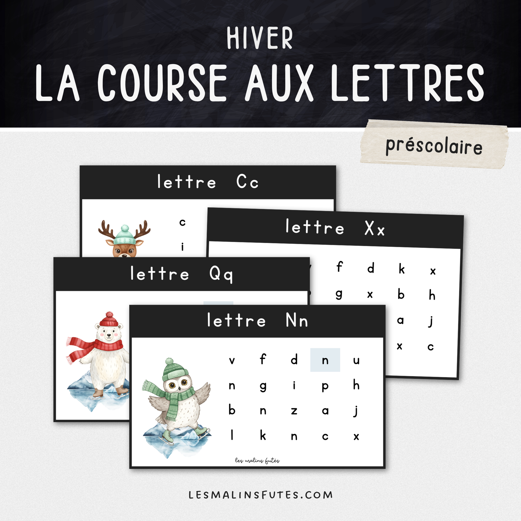 Illustration de cartes sur la reconnaissance des lettres sur le thème de l'hiver pour le préscolaire avec éléments graphiques.