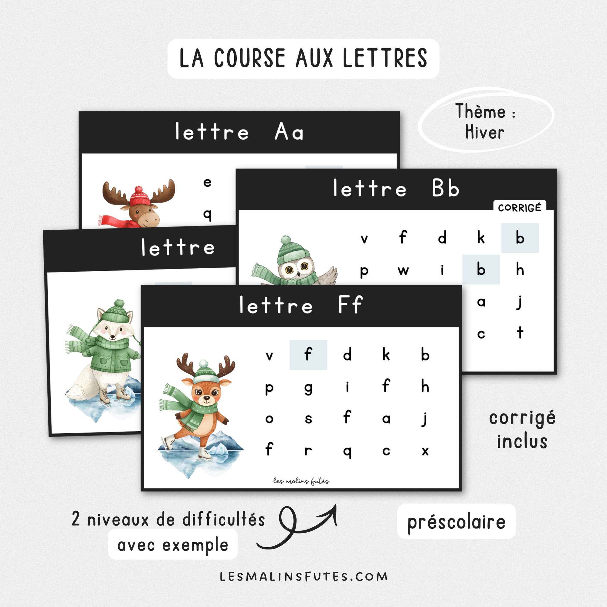 Illustration de cartes sur la reconnaissance des lettres sur le thème de l'hiver pour le préscolaire avec éléments graphiques.