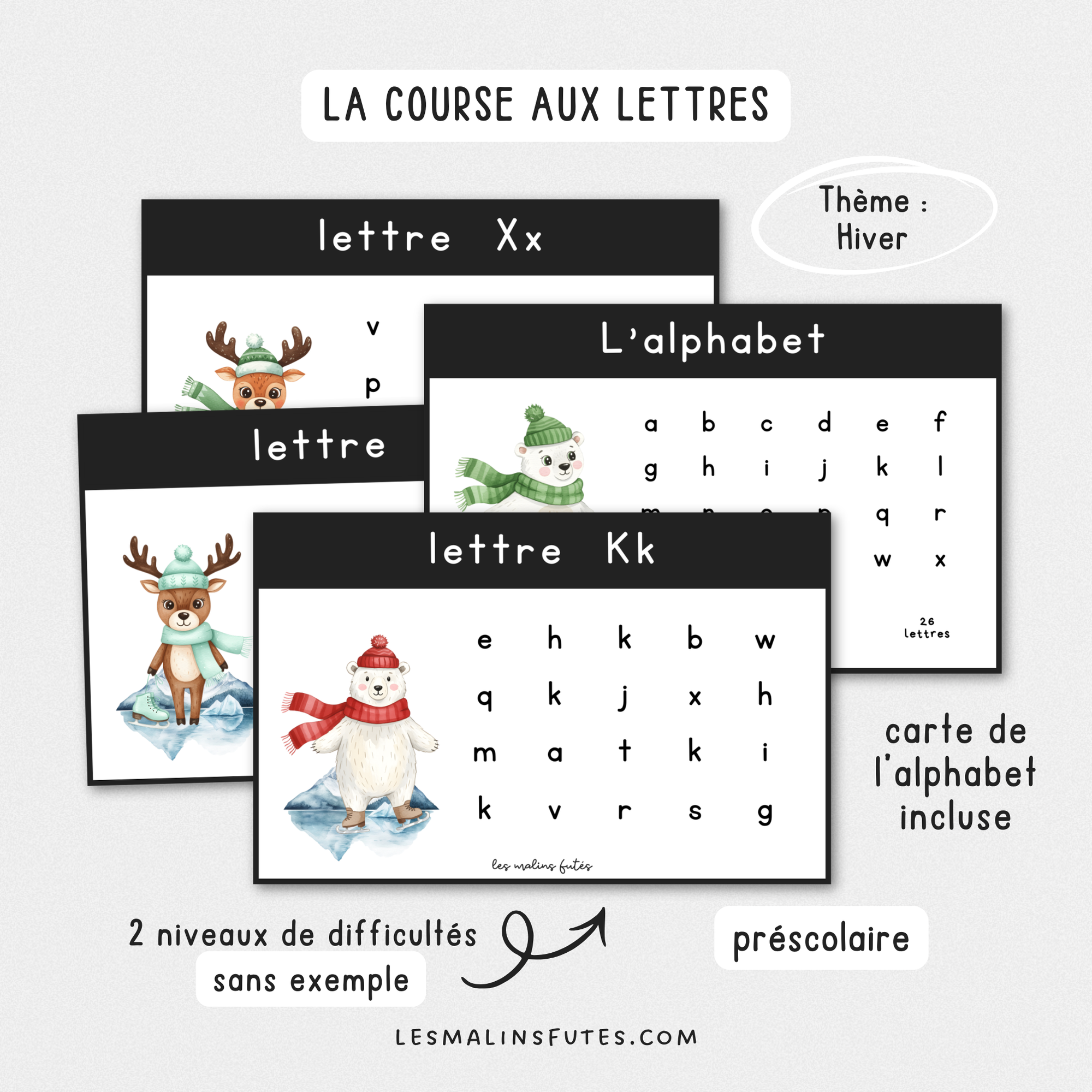 Illustration de cartes sur la reconnaissance des lettres sur le thème de l'hiver pour le préscolaire avec éléments graphiques.