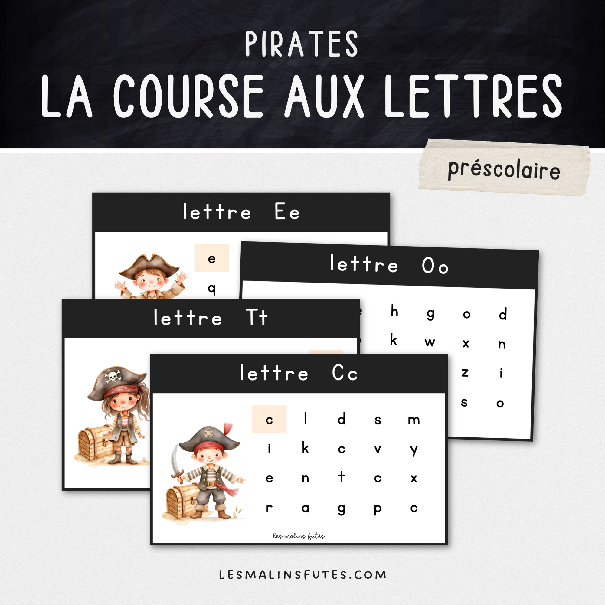 Illustration de cartes sur la reconnaissance des lettres sur le thème des pirates pour le préscolaire avec éléments graphiques.