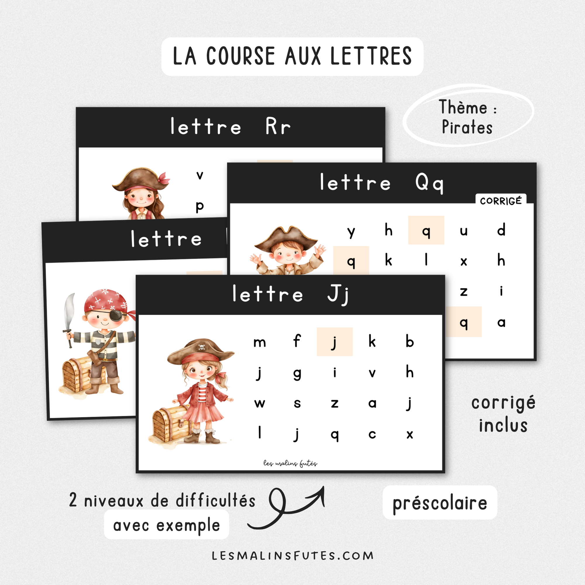 Illustration de cartes sur la reconnaissance des lettres sur le thème des pirates pour le préscolaire avec éléments graphiques.