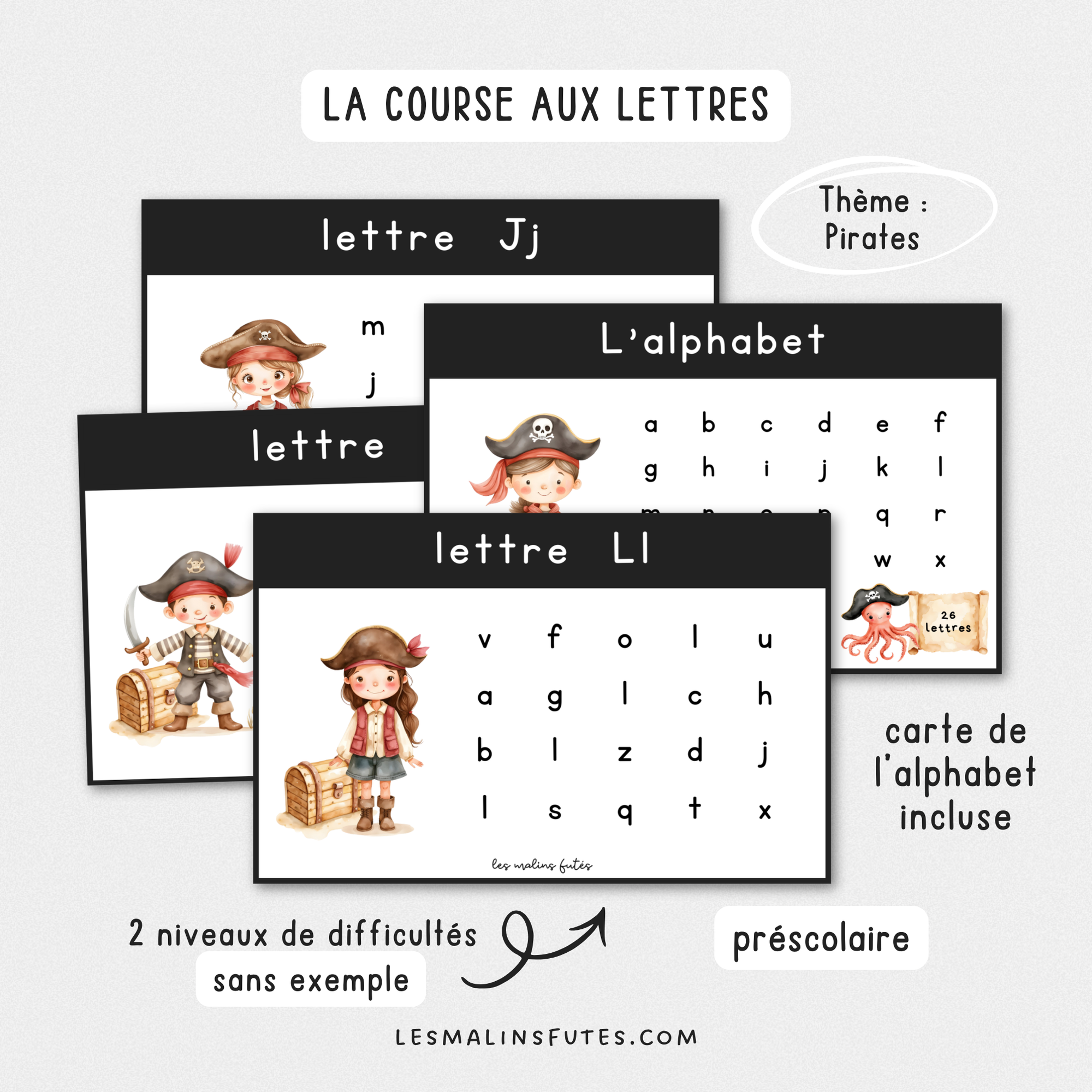 Illustration de cartes sur la reconnaissance des lettres sur le thème des pirates pour le préscolaire avec éléments graphiques.