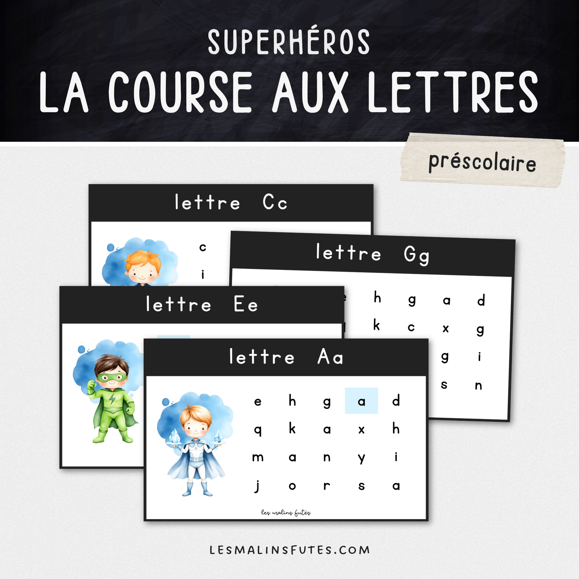 Illustration de cartes sur la reconnaissance des lettres sur le thème des superhéros pour le préscolaire avec éléments graphiques.