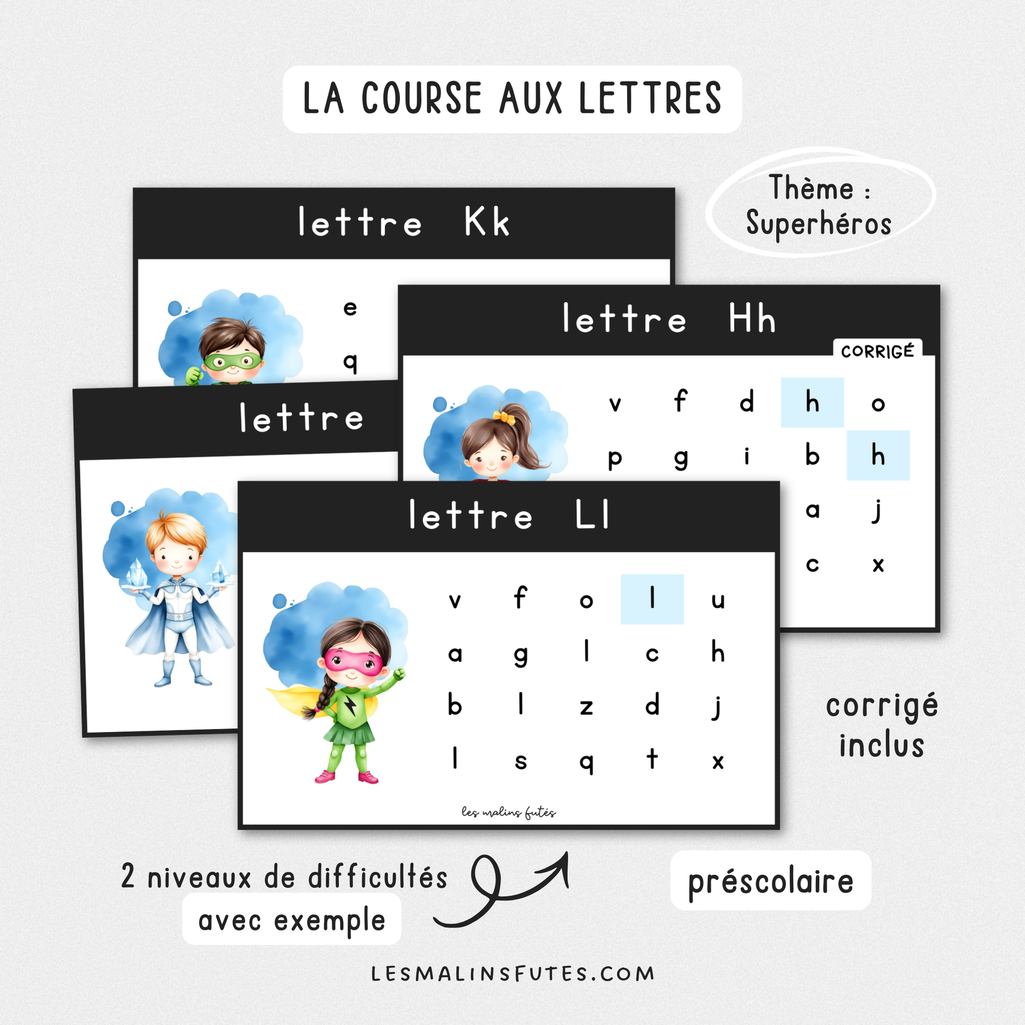 Illustration de cartes sur la reconnaissance des lettres sur le thème des superhéros pour le préscolaire avec éléments graphiques.