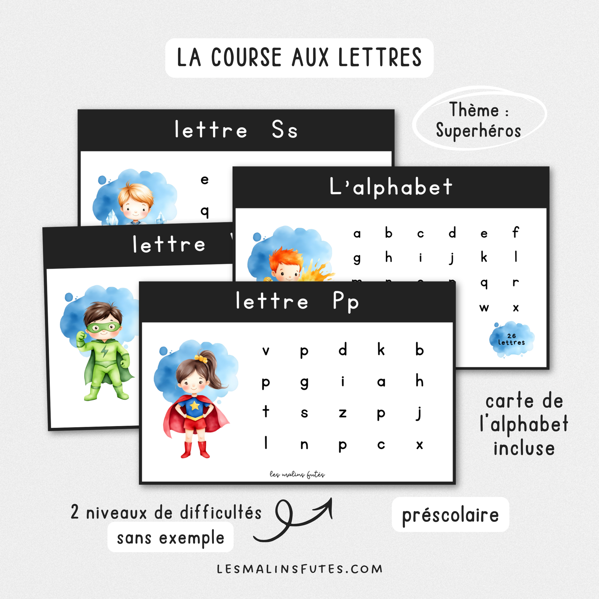 Illustration de cartes sur la reconnaissance des lettres sur le thème des superhéros pour le préscolaire avec éléments graphiques.