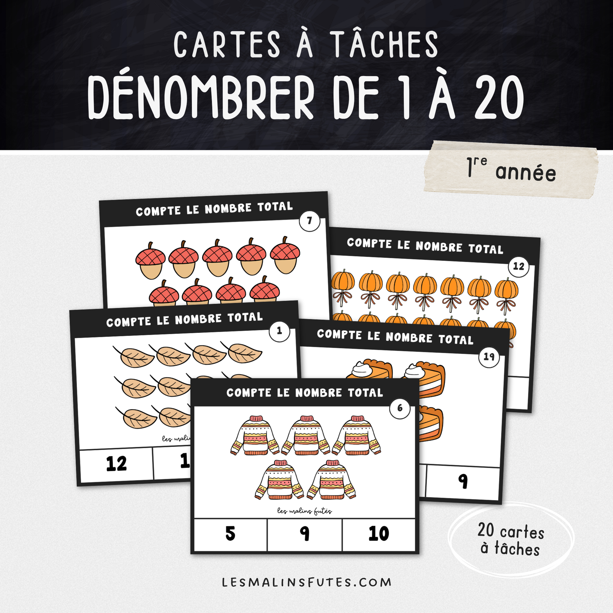 Cartes illustrées pour dénombrer des quantités de 1 à 20. Les Malins Futés