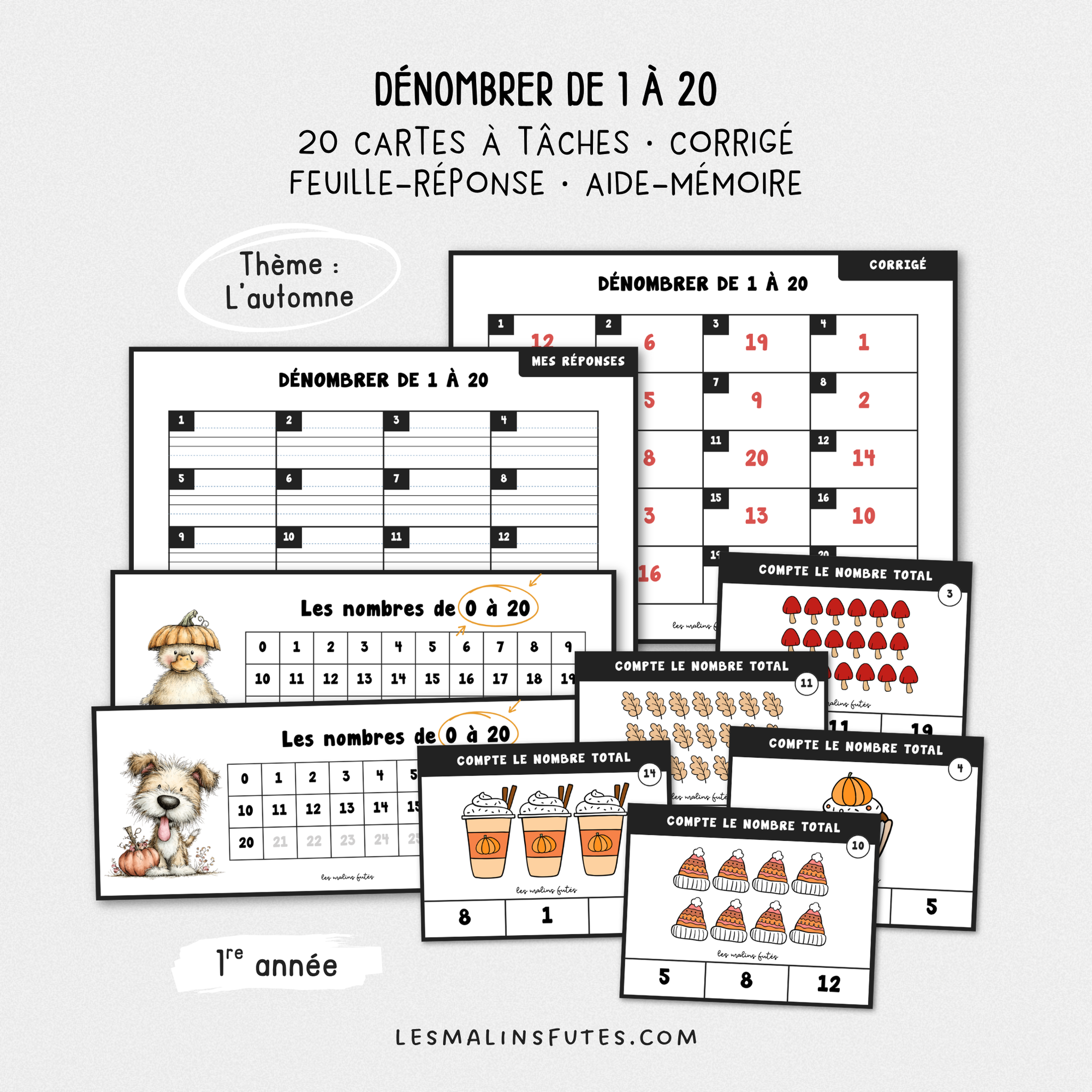 Cartes illustrées pour dénombrer des quantités de 1 à 20. Les Malins Futés