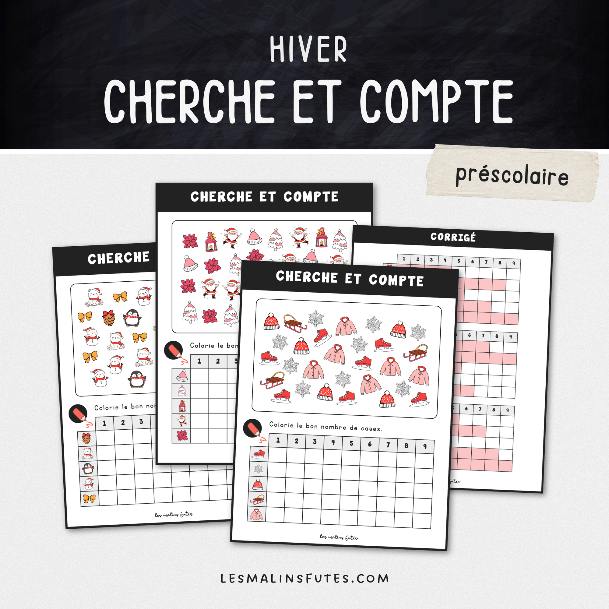 Illustration de fiches pédagogiques avec éléments graphiques sur le thème de l'hiver. Les Malins Futés