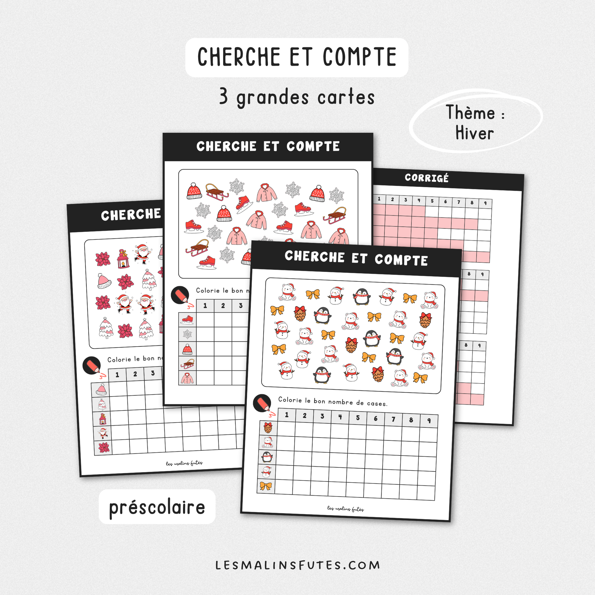 Illustration de fiches pédagogiques avec éléments graphiques sur le thème de l'hiver. Les Malins Futés