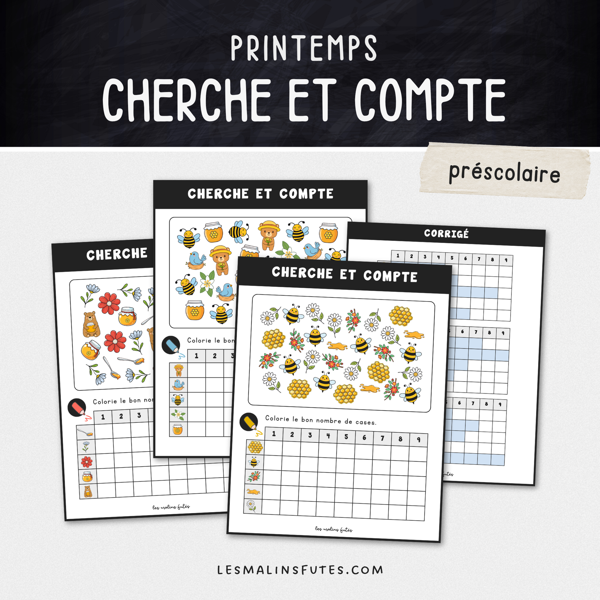 Illustration de fiches pédagogiques avec éléments graphiques sur le thème du printemps. Les Malins Futés