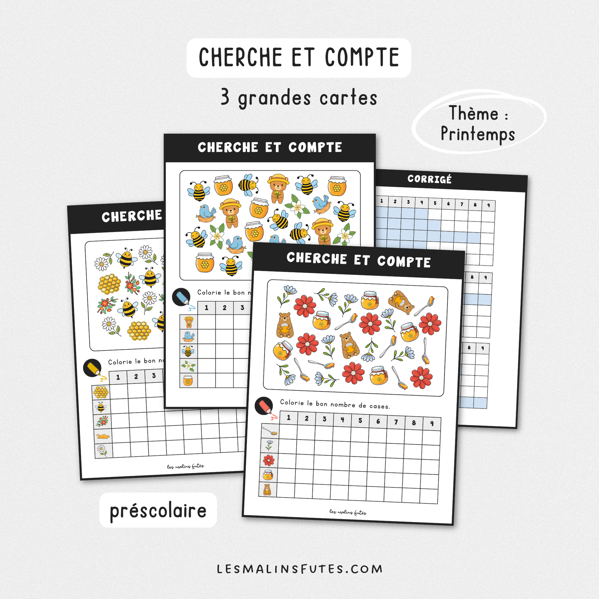 Illustration de fiches pédagogiques avec éléments graphiques sur le thème du printemps. Les Malins Futés