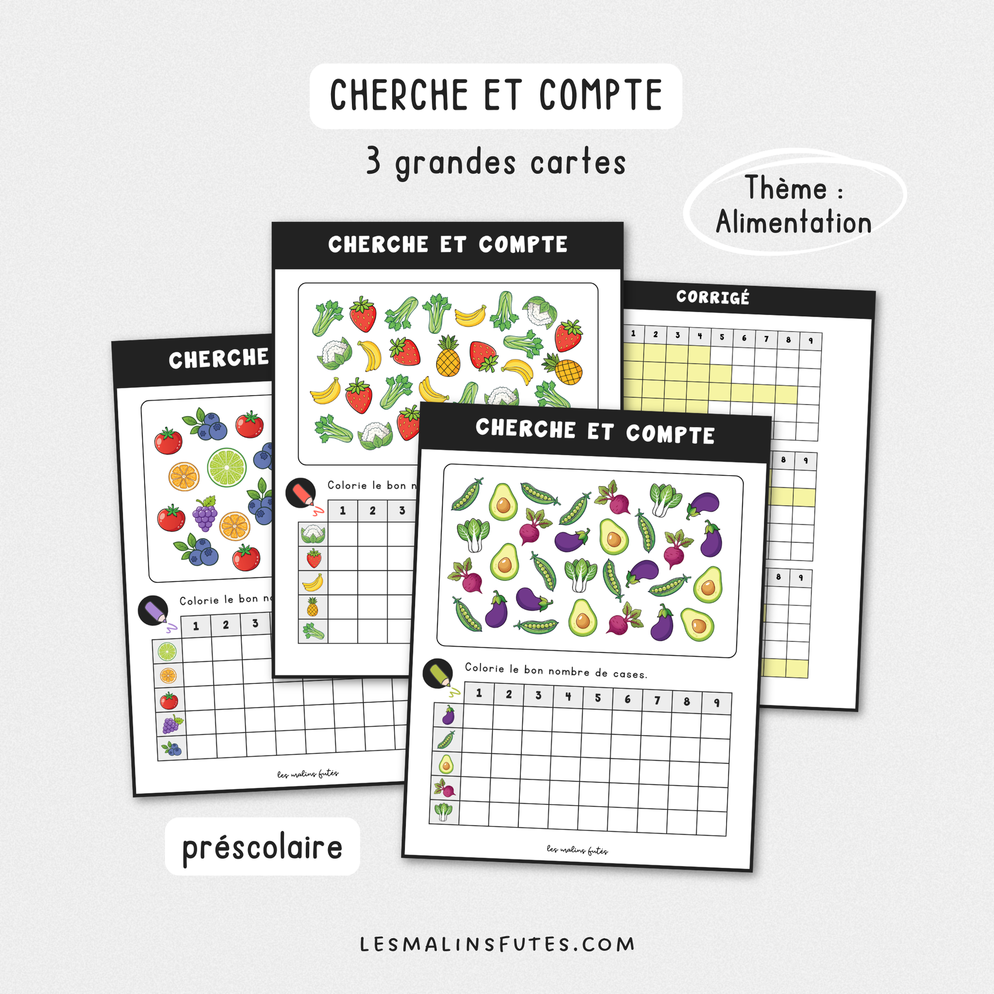 Illustration de fiches pédagogiques avec éléments graphiques sur le thème de l'alimentation. Les Malins Futés