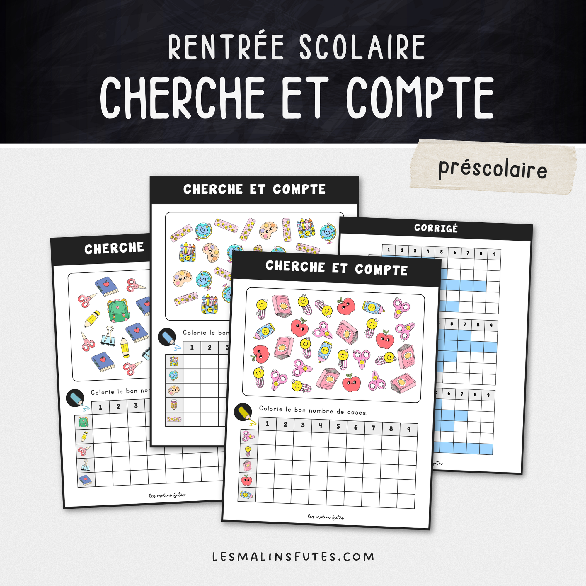 Illustration de fiches pédagogiques avec éléments graphiques pour la rentrée scolaire. Les Malins Futés