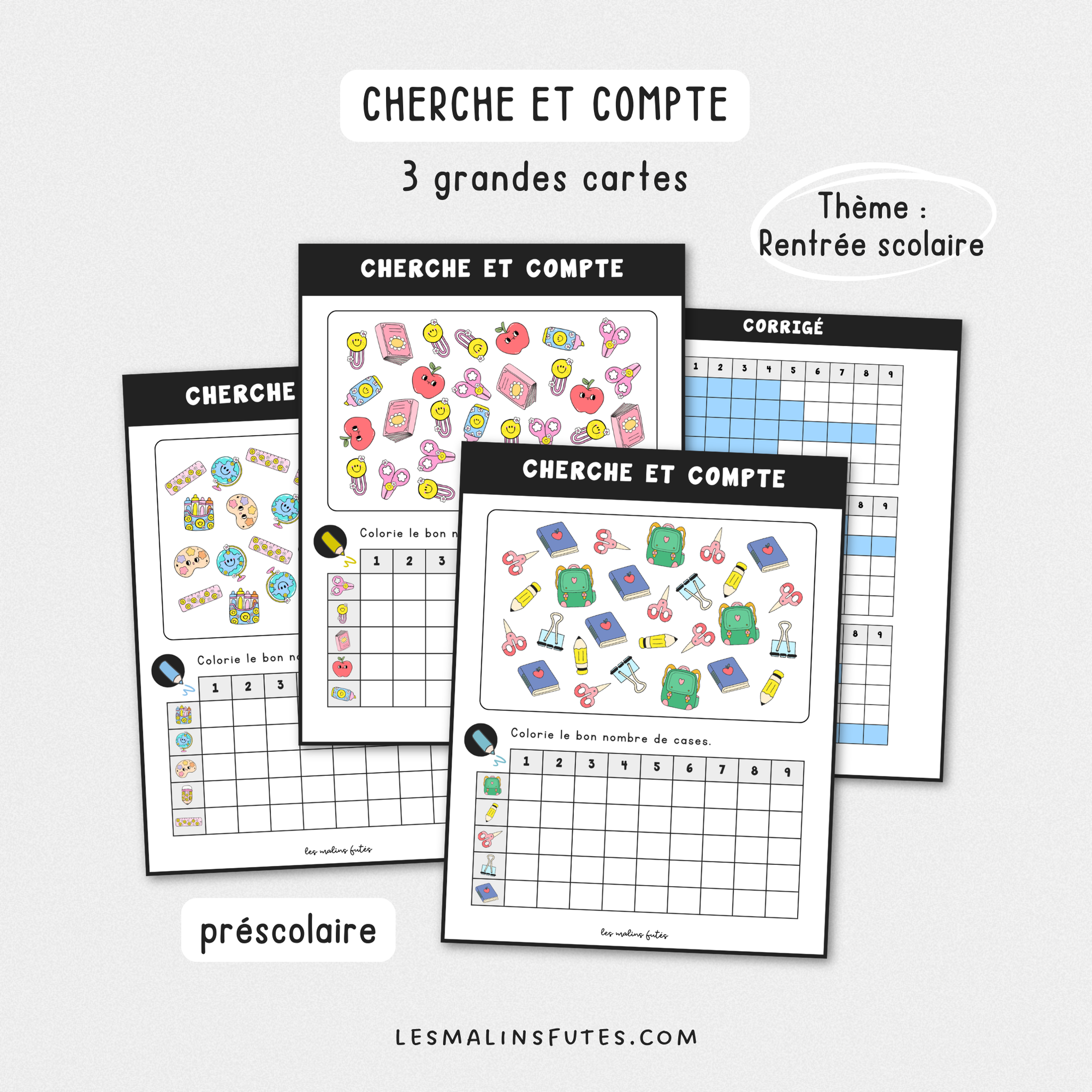 Illustration de fiches pédagogiques avec éléments graphiques pour la rentrée scolaire. Les Malins Futés
