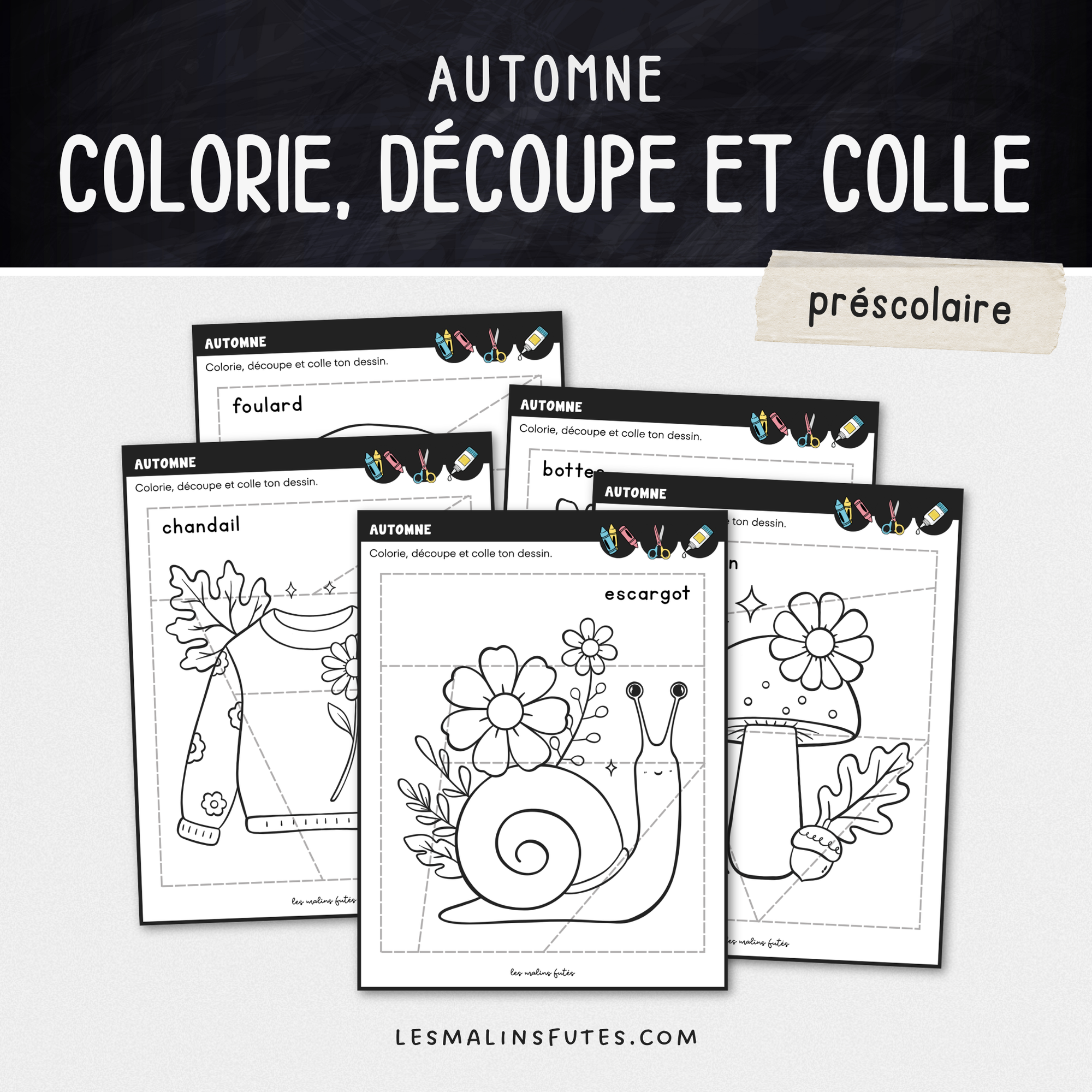 Illustration de 5 fiches pédagogiques pour le préscolaire avec éléments graphiques.