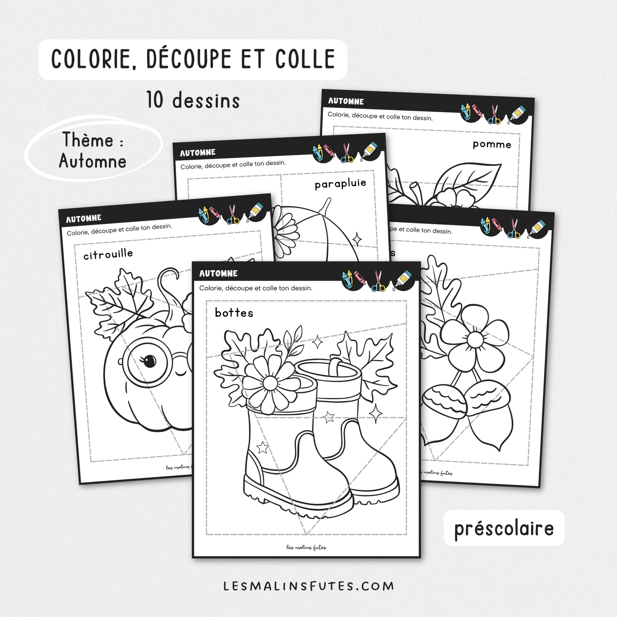 Illustration de 5 fiches pédagogiques pour le préscolaire avec éléments graphiques.