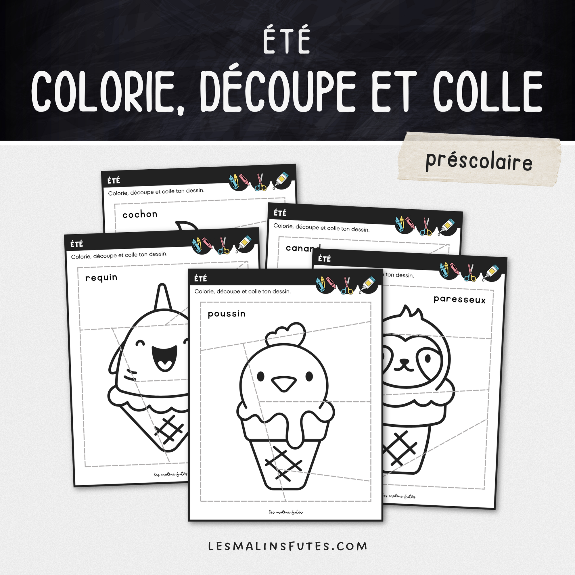 Illustration de 5 fiches pédagogiques pour le préscolaire avec éléments graphiques.