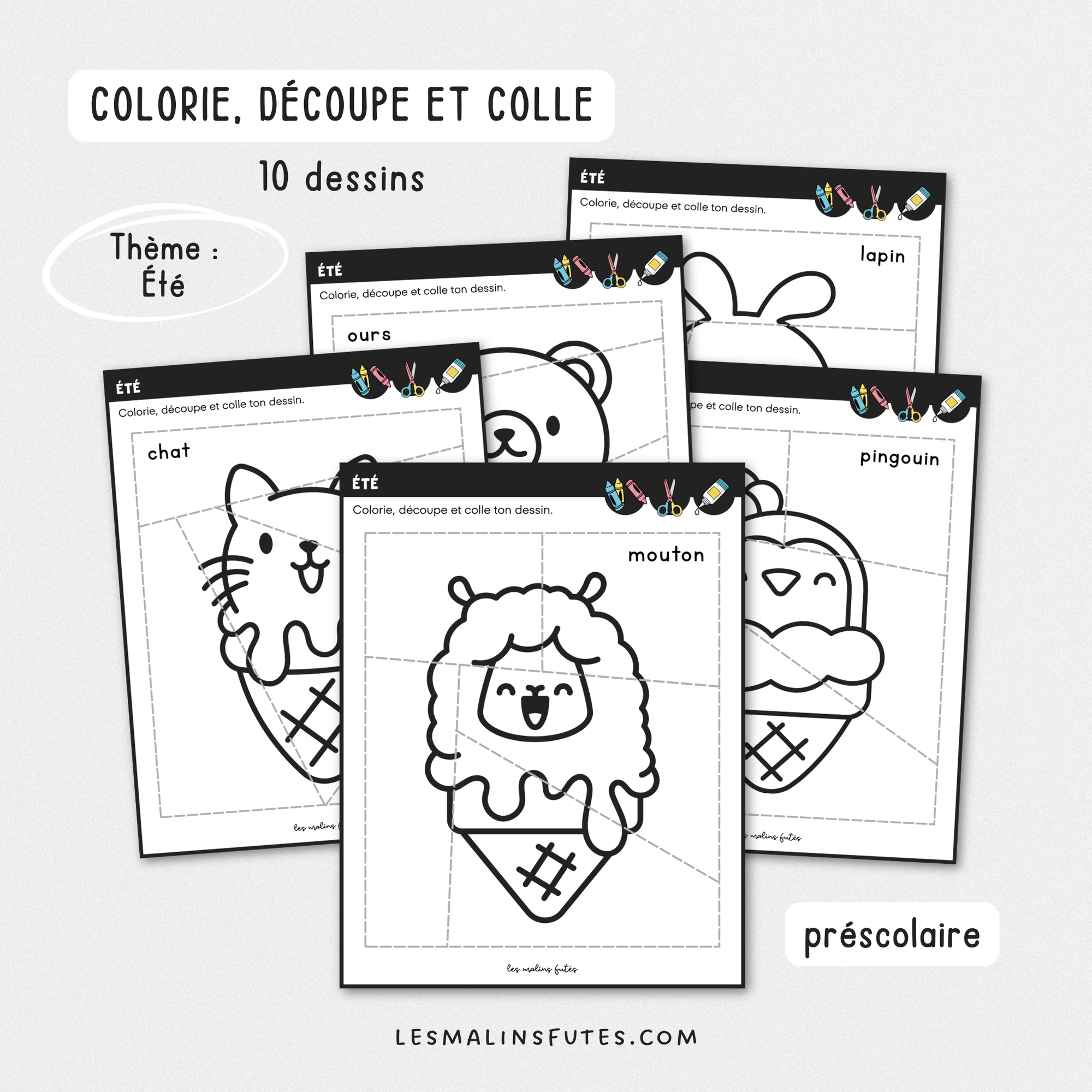 Illustration de 5 fiches pédagogiques pour le préscolaire avec éléments graphiques.