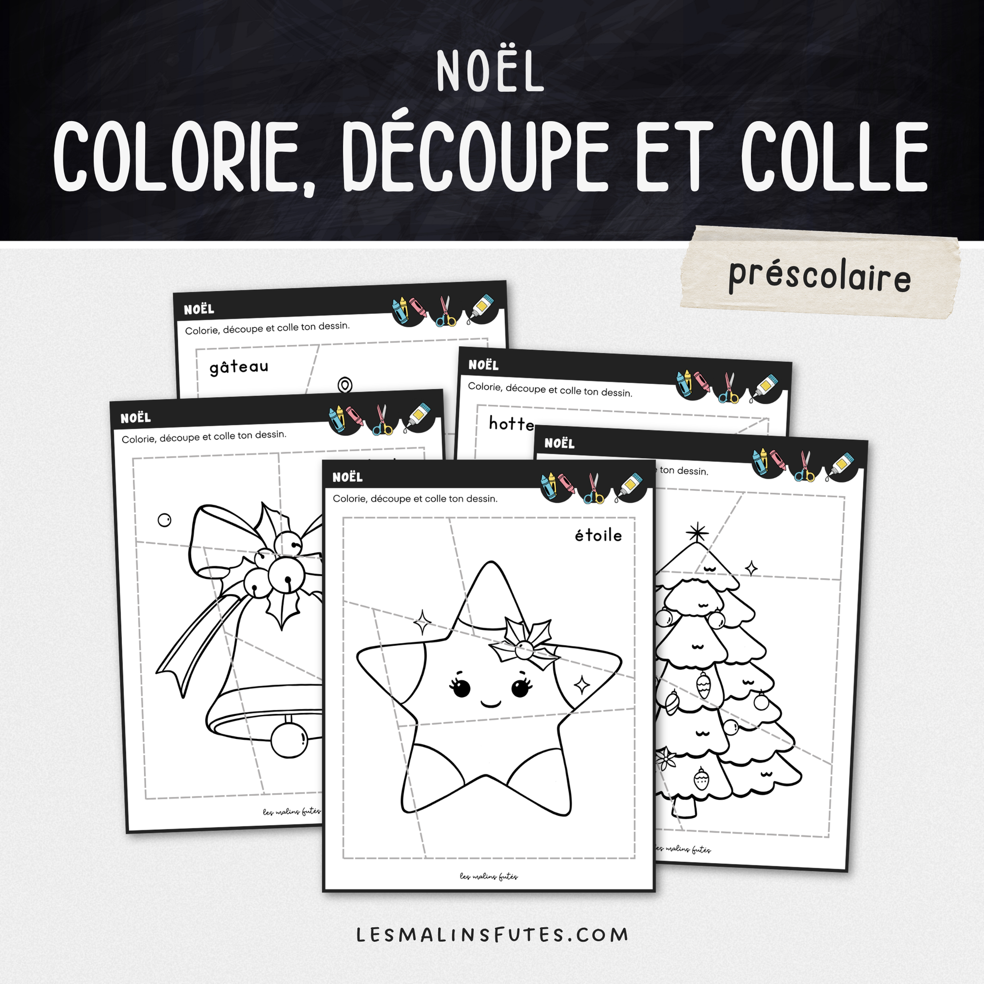 Illustration de 5 fiches pédagogiques pour le préscolaire avec éléments graphiques.