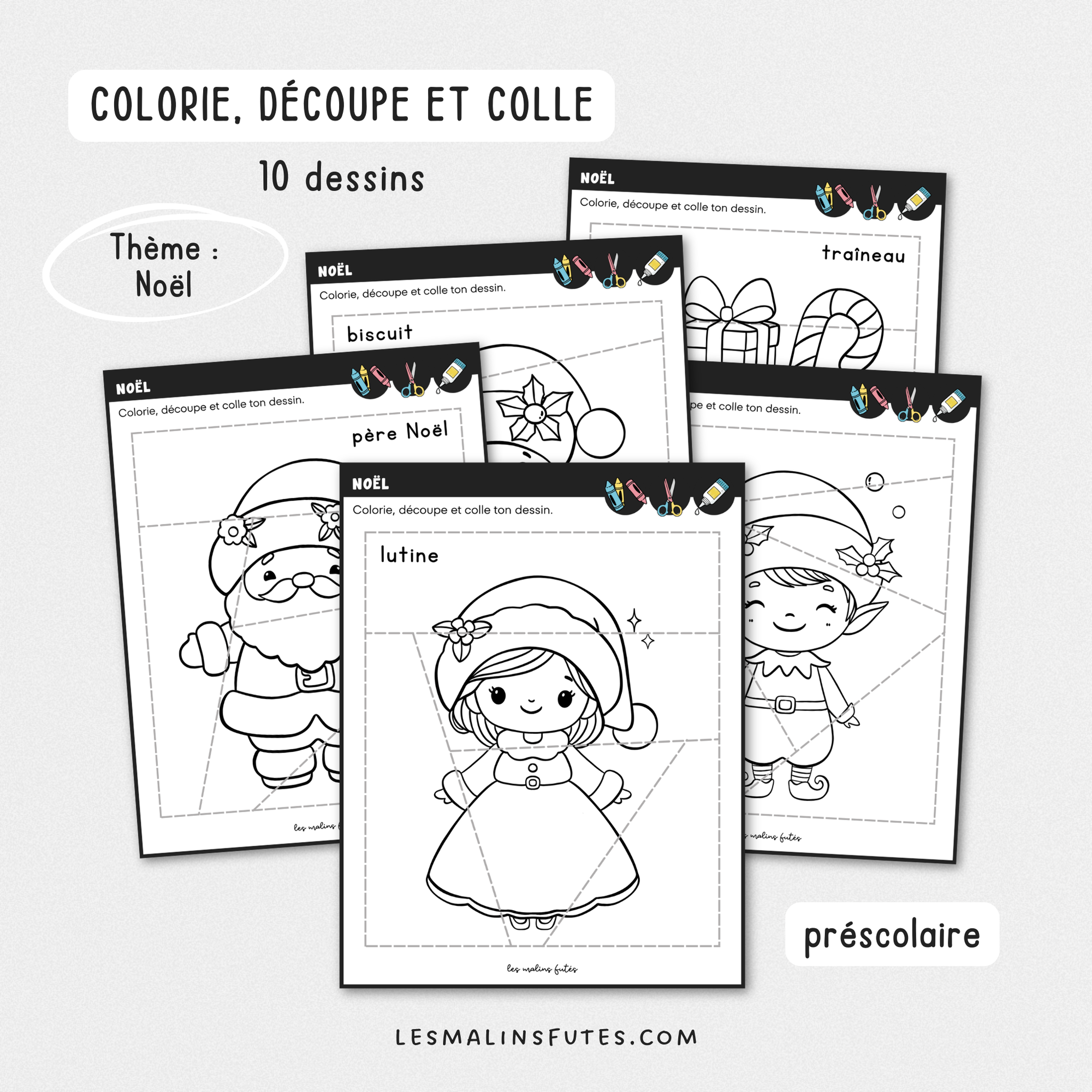 Illustration de 5 fiches pédagogiques pour le préscolaire avec éléments graphiques.