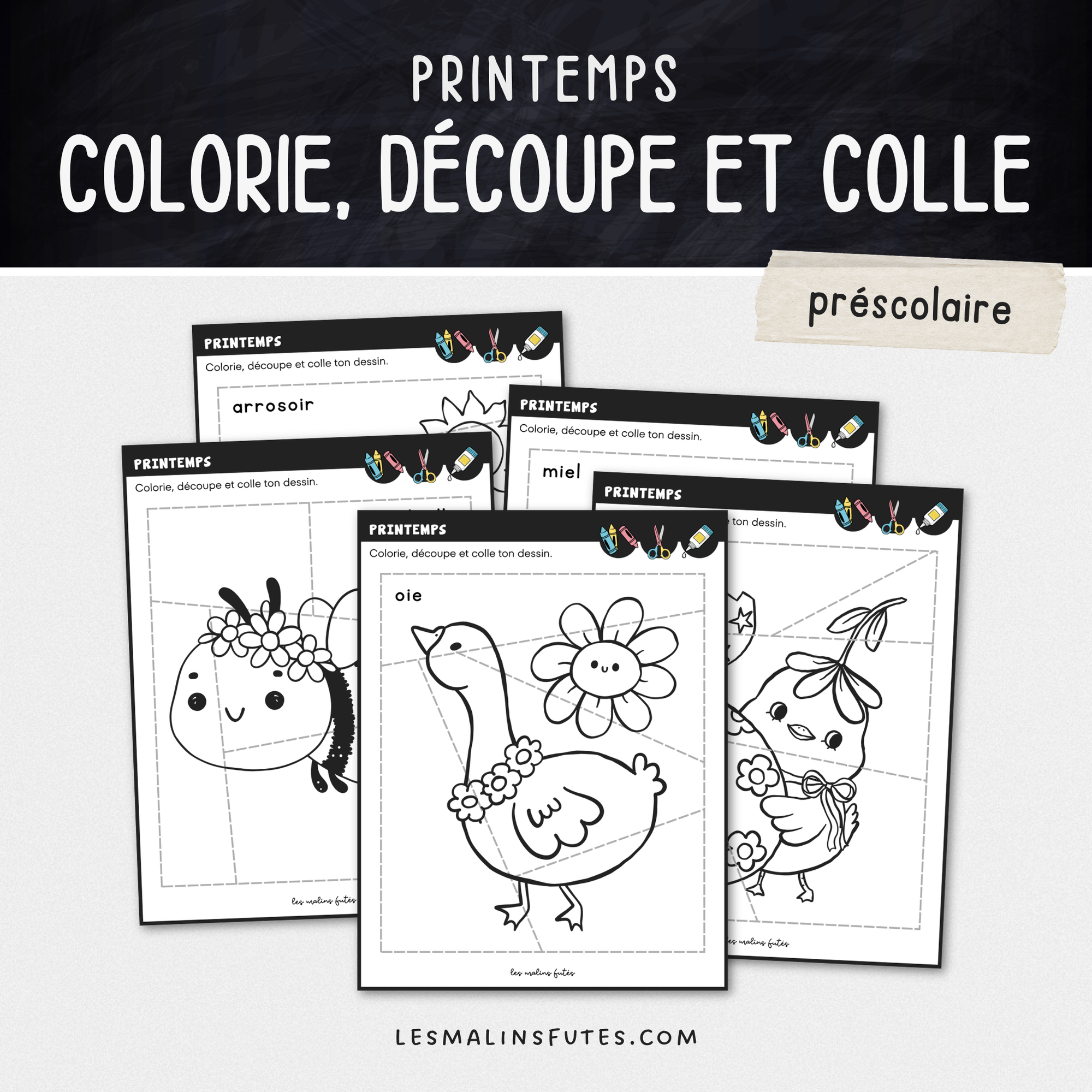 Illustration de 5 fiches pédagogiques pour le préscolaire avec éléments graphiques.