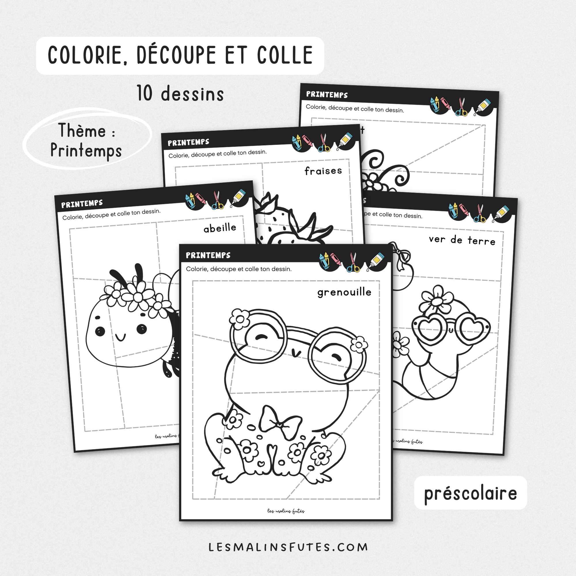 Illustration de 5 fiches pédagogiques pour le préscolaire avec éléments graphiques.
