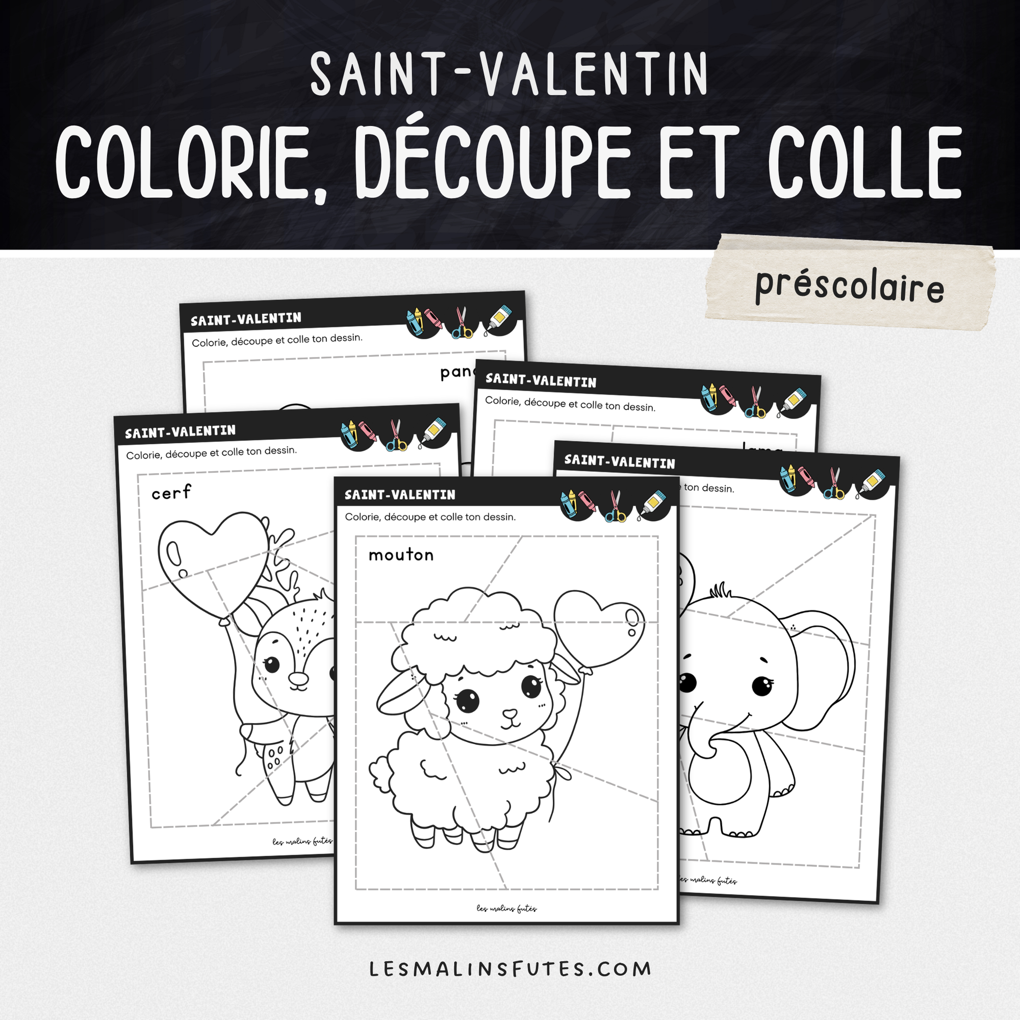 Illustration de 5 fiches pédagogiques pour le préscolaire avec éléments graphiques.