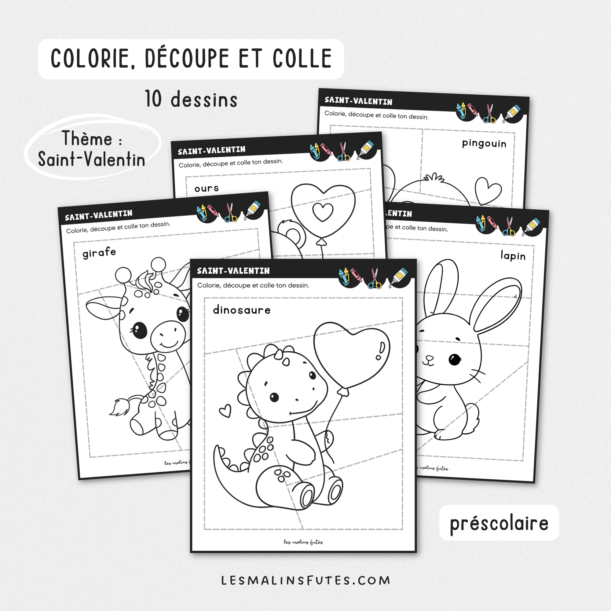 Illustration de 5 fiches pédagogiques pour le préscolaire avec éléments graphiques.