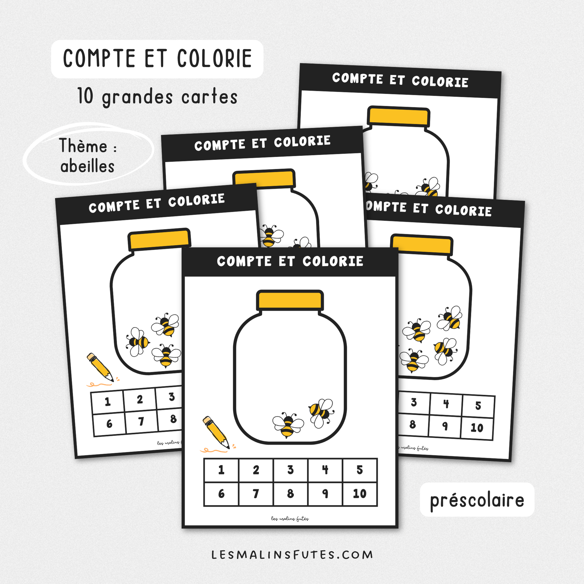 Illustration de grandes cartes sur le thème des abeilles pour le préscolaire avec éléments graphiques.