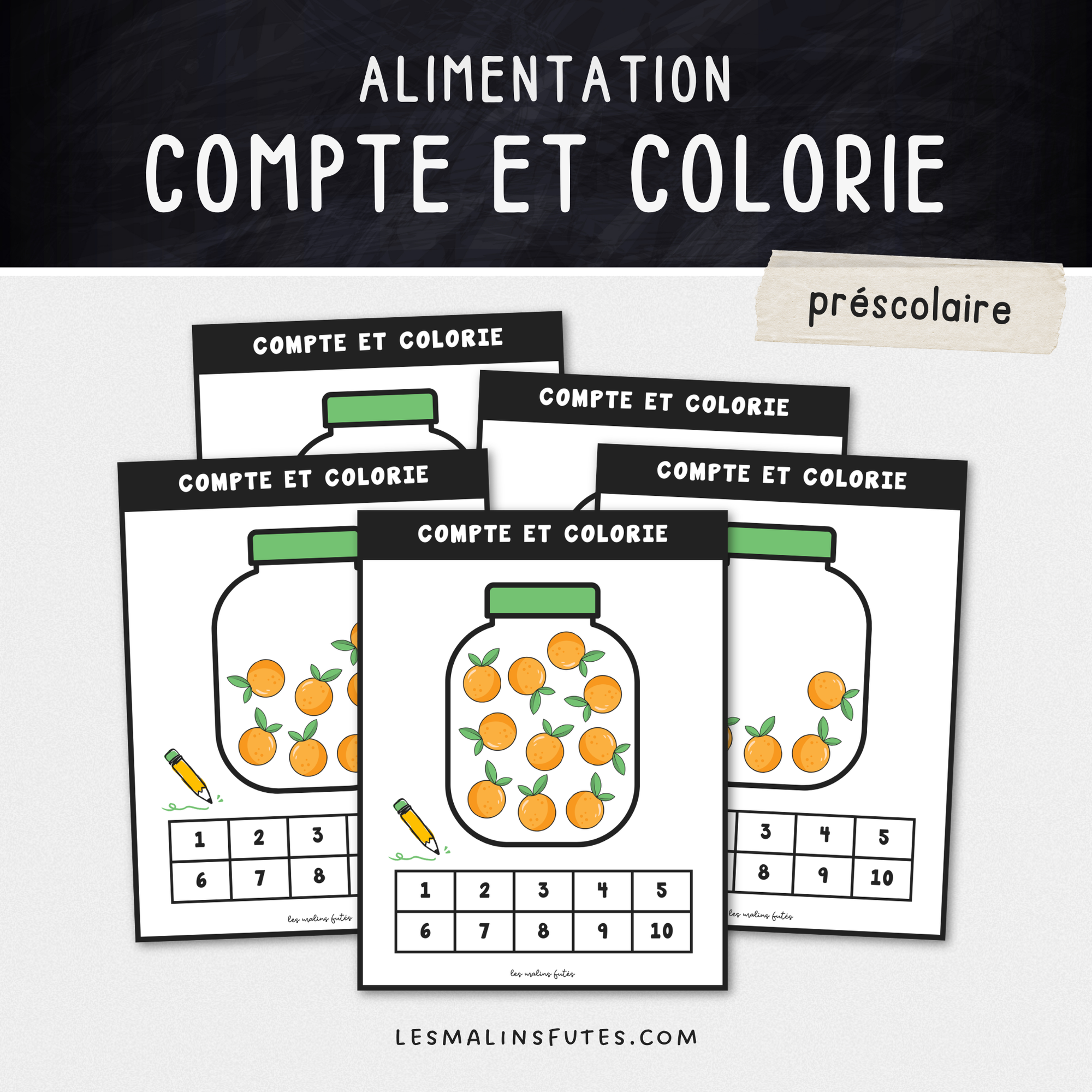 Illustration de grandes cartes sur le thème des oranges pour le préscolaire avec éléments graphiques.