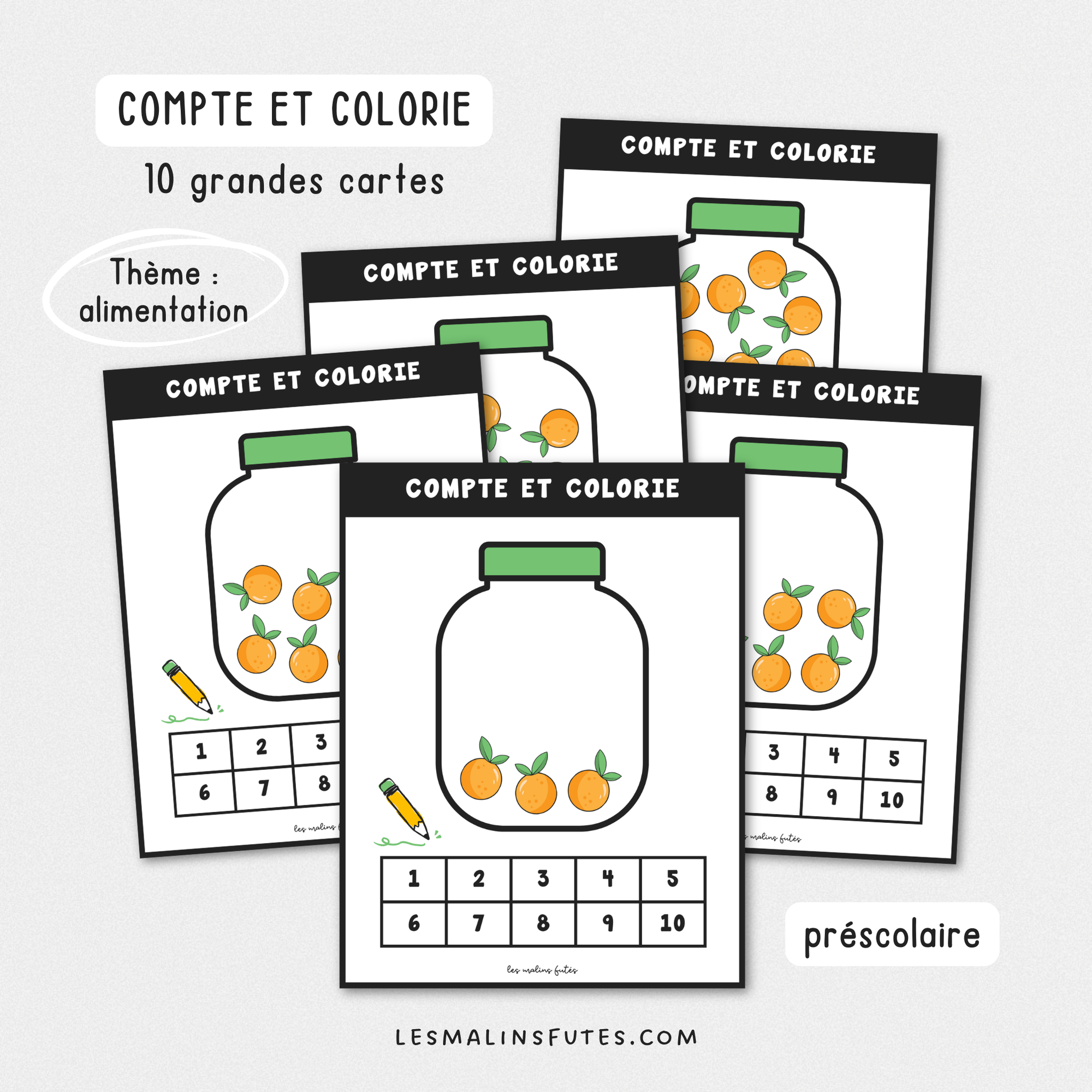 Illustration de grandes cartes sur le thème des oranges pour le préscolaire avec éléments graphiques.