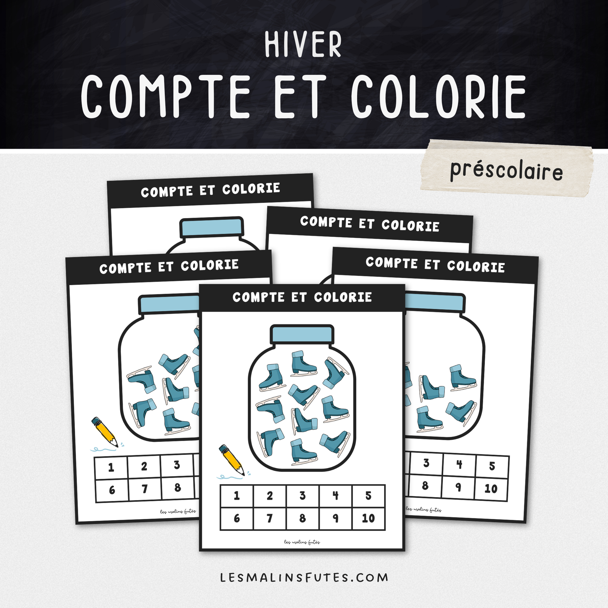 Illustration de grandes cartes sur le thème des patins de glace pour le préscolaire avec éléments graphiques.