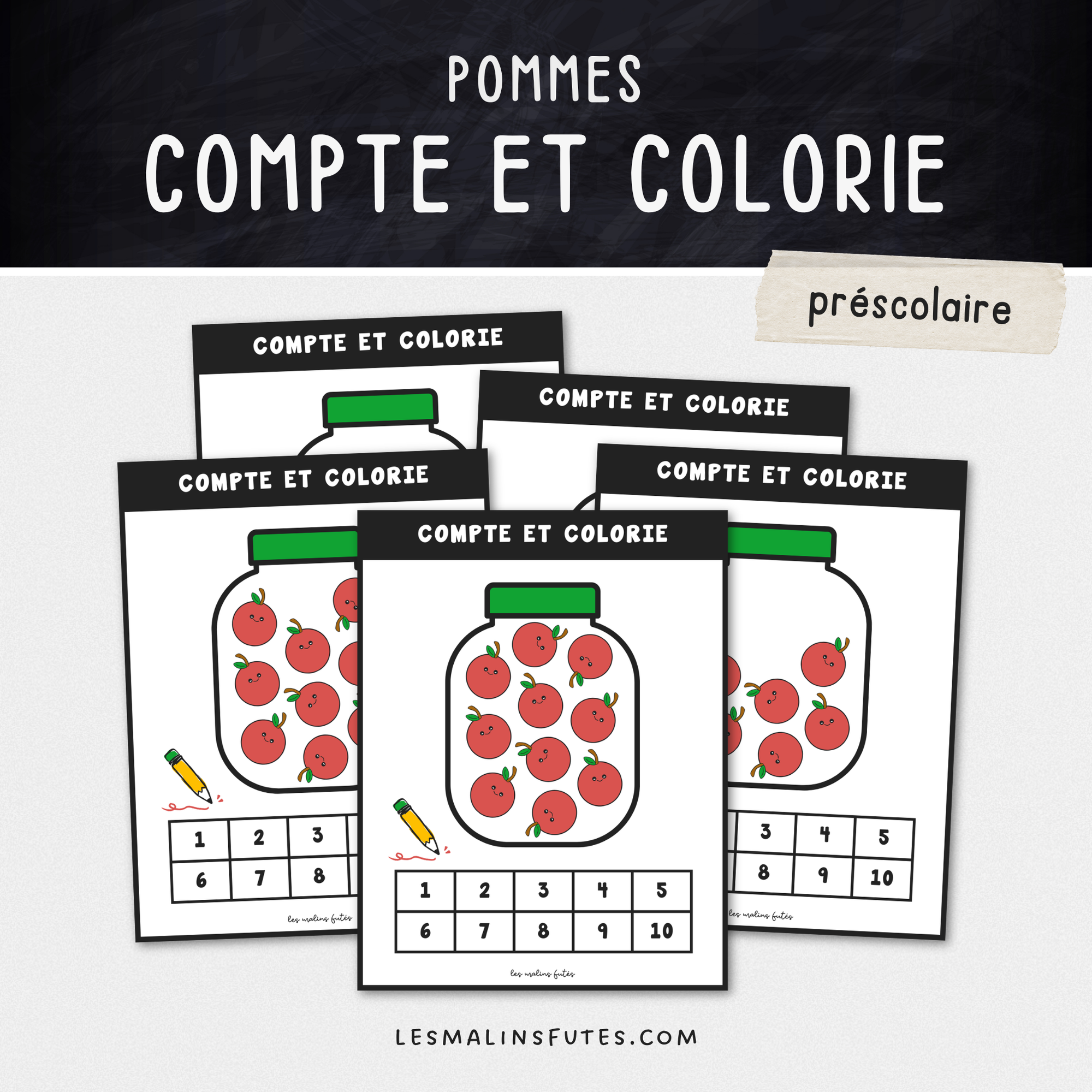 Illustration de grandes cartes sur le thème des pommes pour le préscolaire avec éléments graphiques.